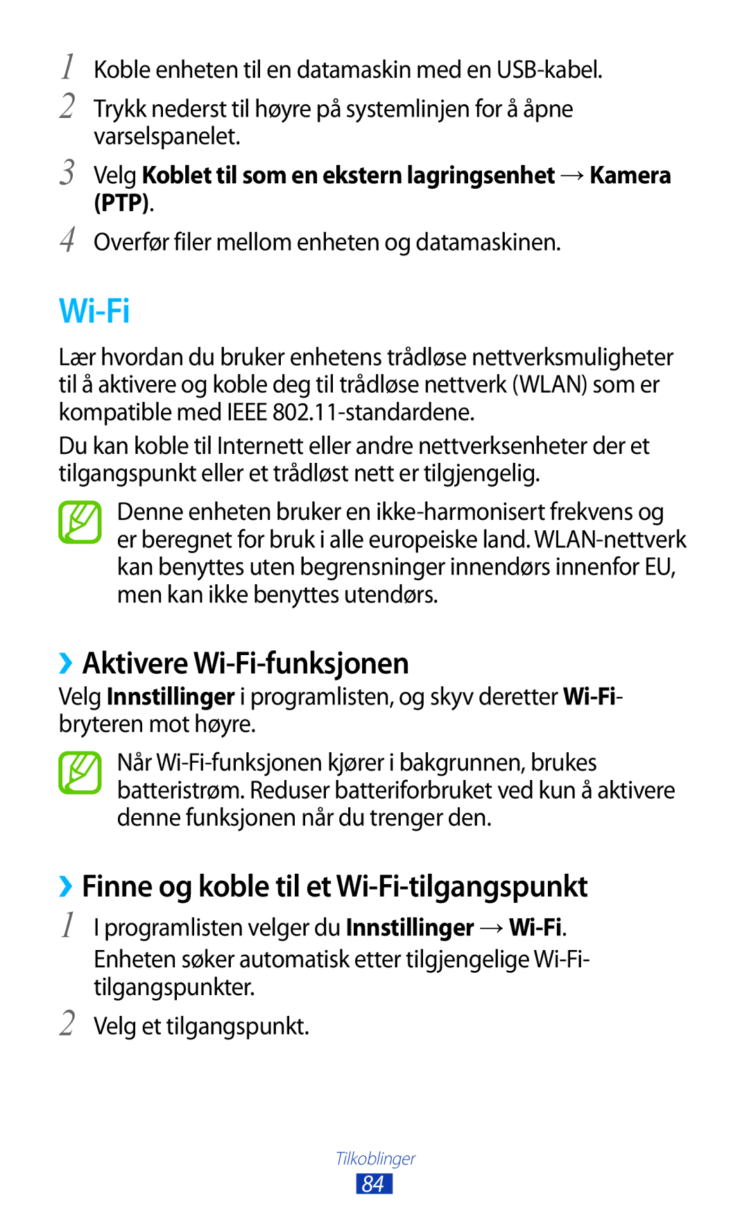 Samsung GT-P7510UWDNEE, GT-P7510UWENEE manual ››Aktivere Wi-Fi-funksjonen, ››Finne og koble til et Wi-Fi-tilgangspunkt 