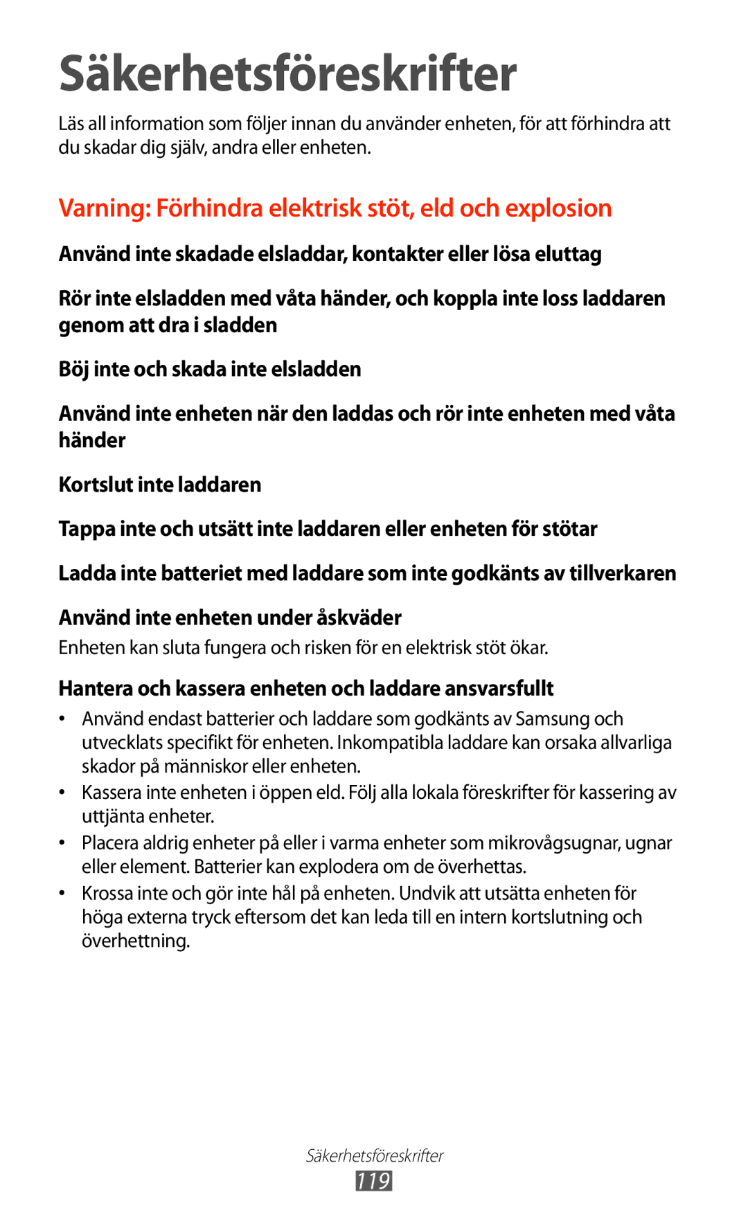 Samsung GT-P7510UWDNEE, GT-P7510UWENEE, GT-P7510ZWDNEE, GT-P7510FKENEE, GT-P7510UWANEE, GT-P7510FKANEE Säkerhetsföreskrifter 