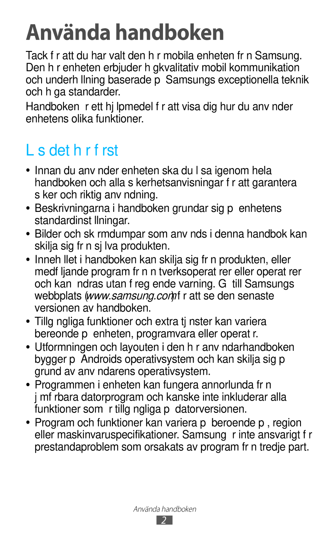 Samsung GT-P7510ZWDNEE, GT-P7510UWDNEE, GT-P7510UWENEE, GT-P7510FKENEE, GT-P7510UWANEE Använda handboken, Läs det här först 