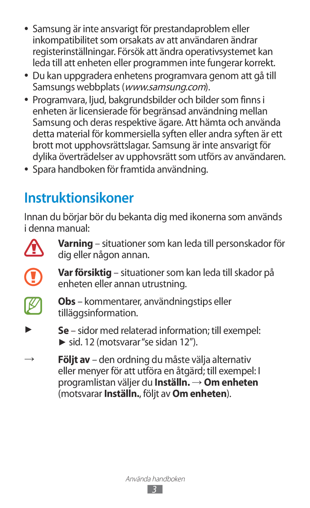 Samsung GT-P7510FKENEE, GT-P7510UWDNEE, GT-P7510UWENEE manual Instruktionsikoner, Spara handboken för framtida användning 