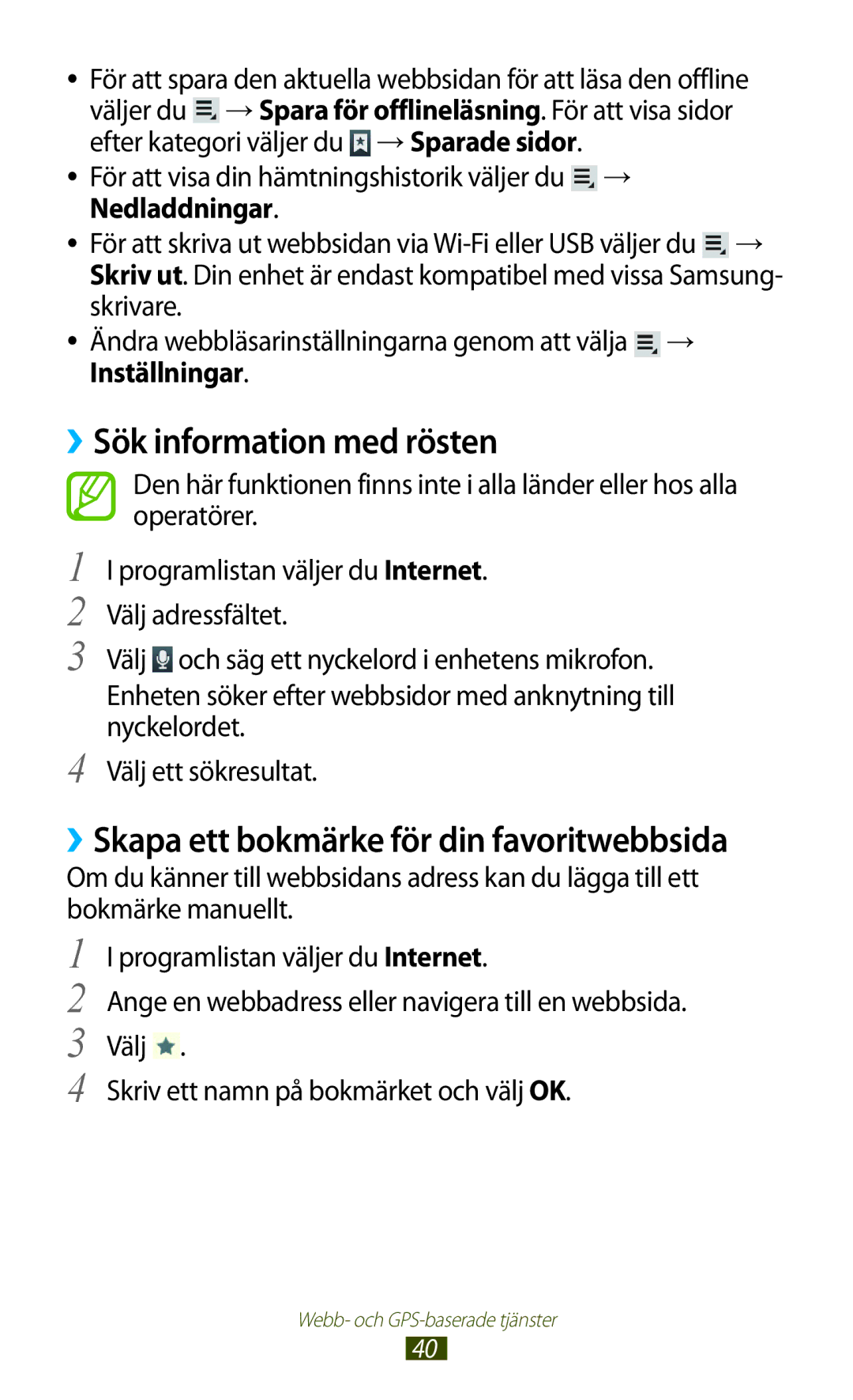 Samsung GT-P7510FKANEE, GT-P7510UWDNEE manual ››Sök information med rösten, ››Skapa ett bokmärke för din favoritwebbsida 