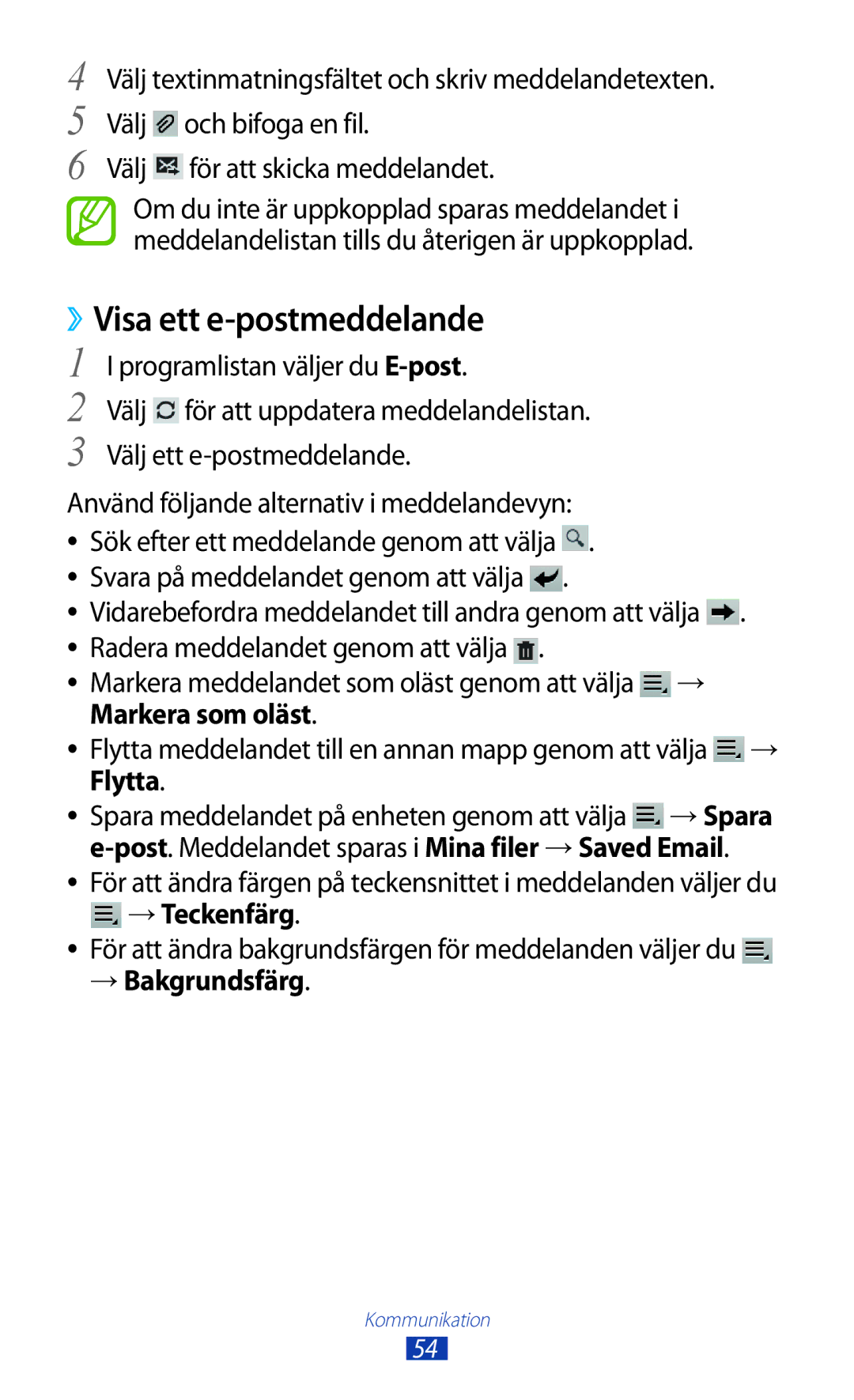 Samsung GT-P7510FKANEE, GT-P7510UWDNEE, GT-P7510UWENEE, GT-P7510ZWDNEE manual ››Visa ett e-postmeddelande, → Teckenfärg 