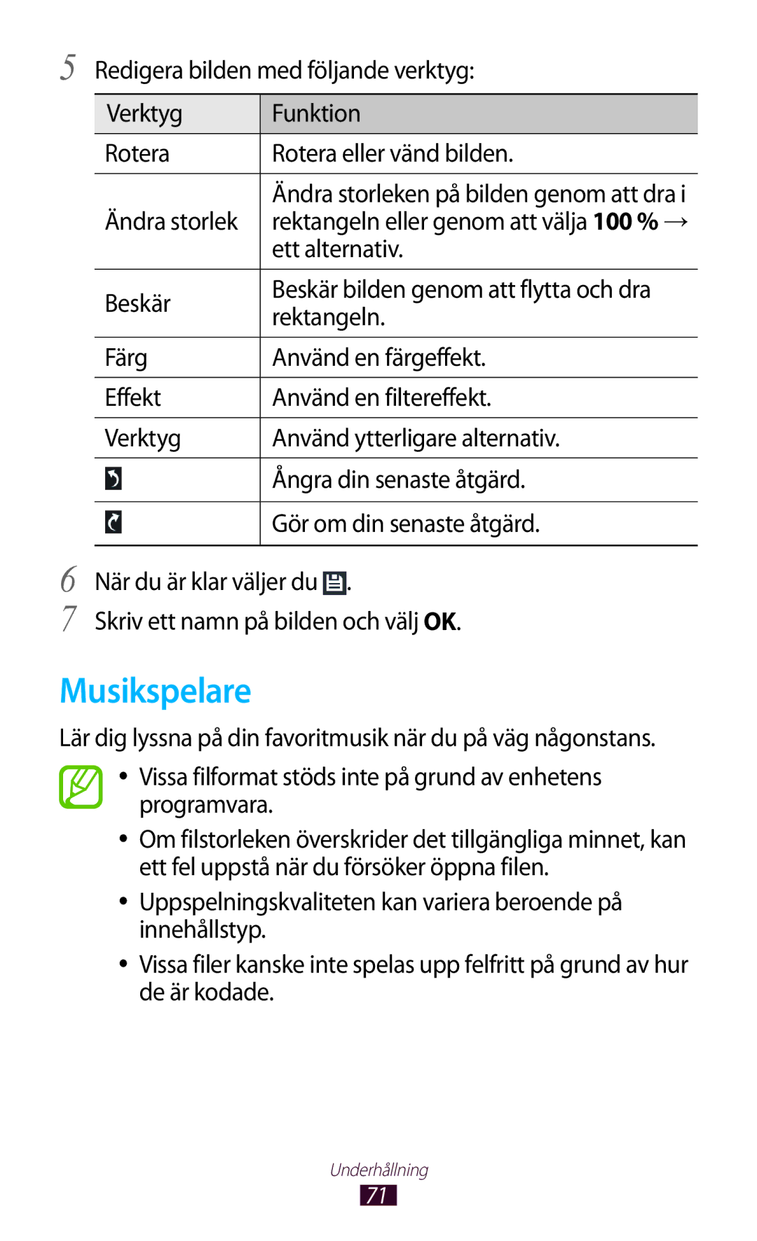 Samsung GT-P7510UWENEE, GT-P7510UWDNEE, GT-P7510ZWDNEE manual Musikspelare, Ändra storlek, Ett alternativ, Beskär, Rektangeln 