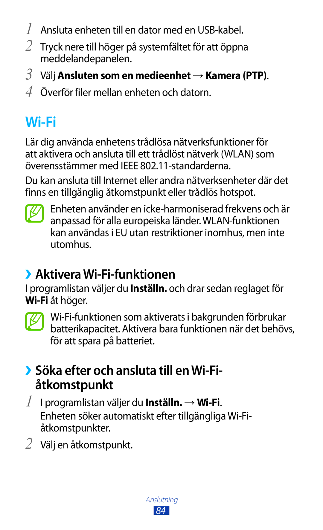 Samsung GT-P7510UWDNEE manual ››Aktivera Wi-Fi-funktionen, ››Söka efter och ansluta till en Wi-Fi- åtkomstpunkt 