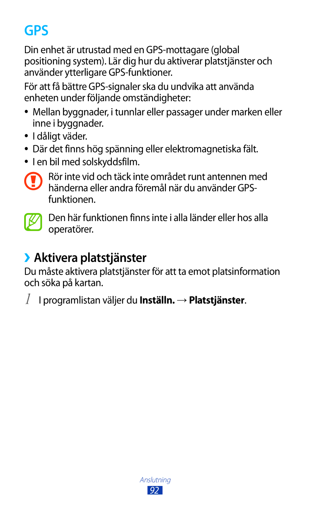 Samsung GT-P7510UWENEE, GT-P7510UWDNEE, GT-P7510ZWDNEE, GT-P7510FKENEE, GT-P7510UWANEE manual Gps, ››Aktivera platstjänster 