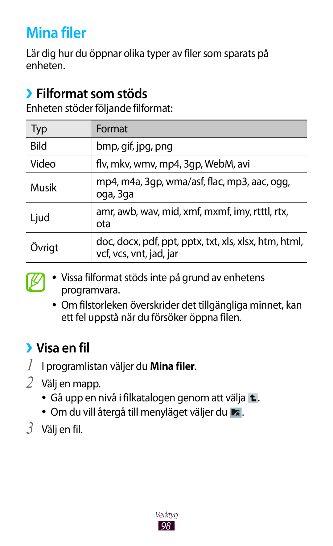 Samsung GT-P7510UWDNEE, GT-P7510UWENEE, GT-P7510ZWDNEE, GT-P7510FKENEE manual Mina filer, ››Filformat som stöds, ››Visa en fil 