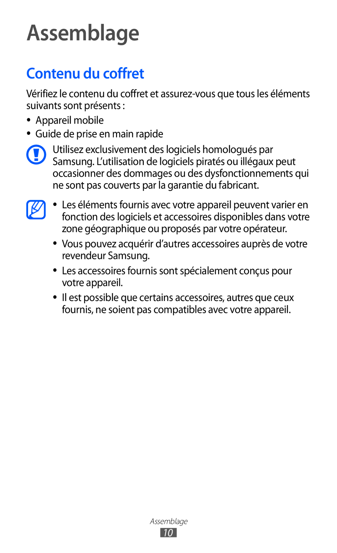 Samsung GT-P7510UWAXEF, GT-P7510UWDXEF, GT-P7510UWDFTM, GT-P7510FKDXEF, GT-P7510FKDFTM manual Assemblage, Contenu du coffret 