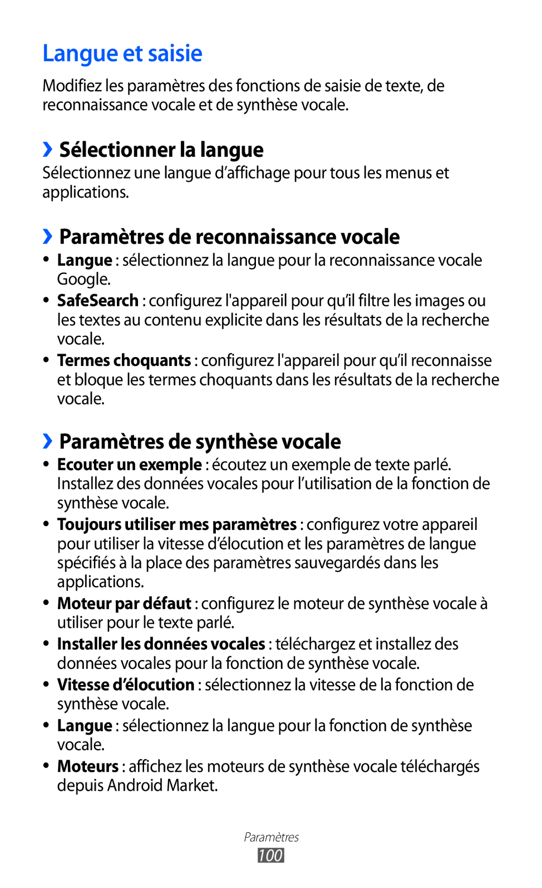 Samsung GT-P7510FKDFTM manual Langue et saisie, ››Sélectionner la langue, ››Paramètres de reconnaissance vocale, 100 