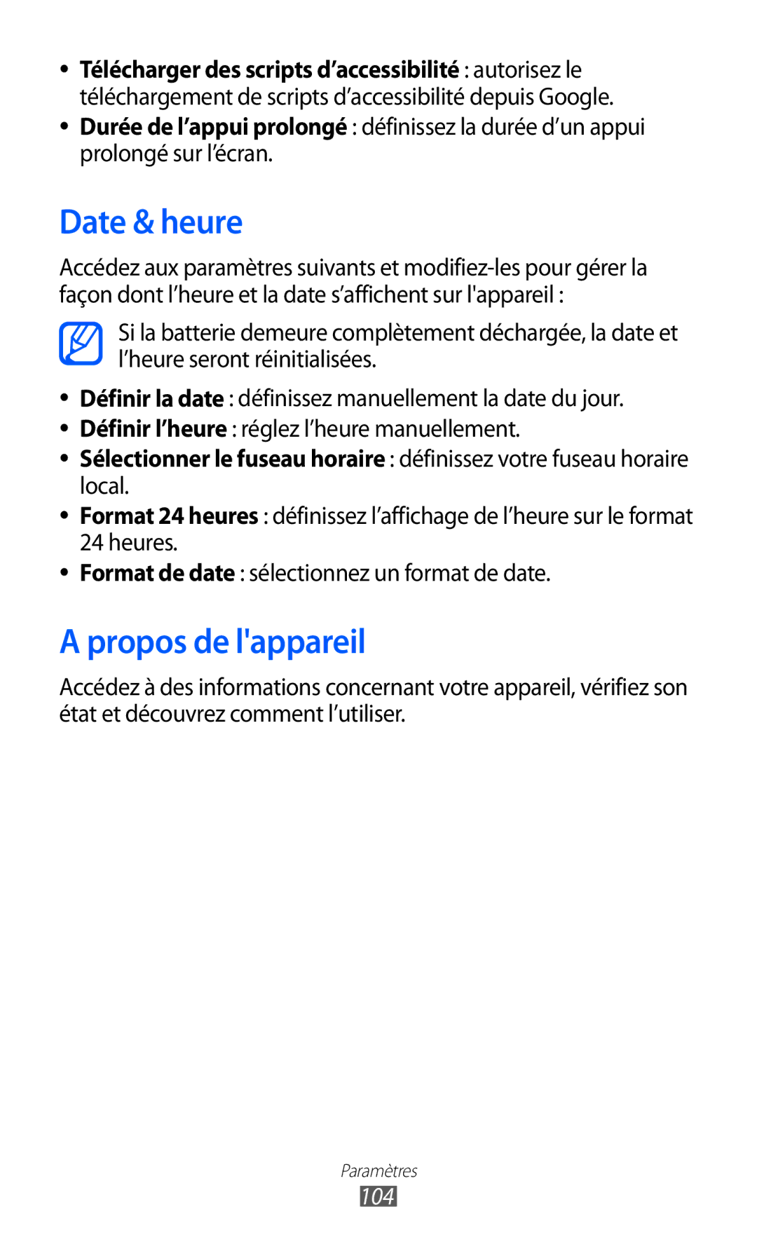 Samsung GT-P7510UWDXEF, GT-P7510UWDFTM, GT-P7510UWAXEF, GT-P7510FKDXEF, GT-P7510FKDFTM Date & heure, Propos de lappareil, 104 