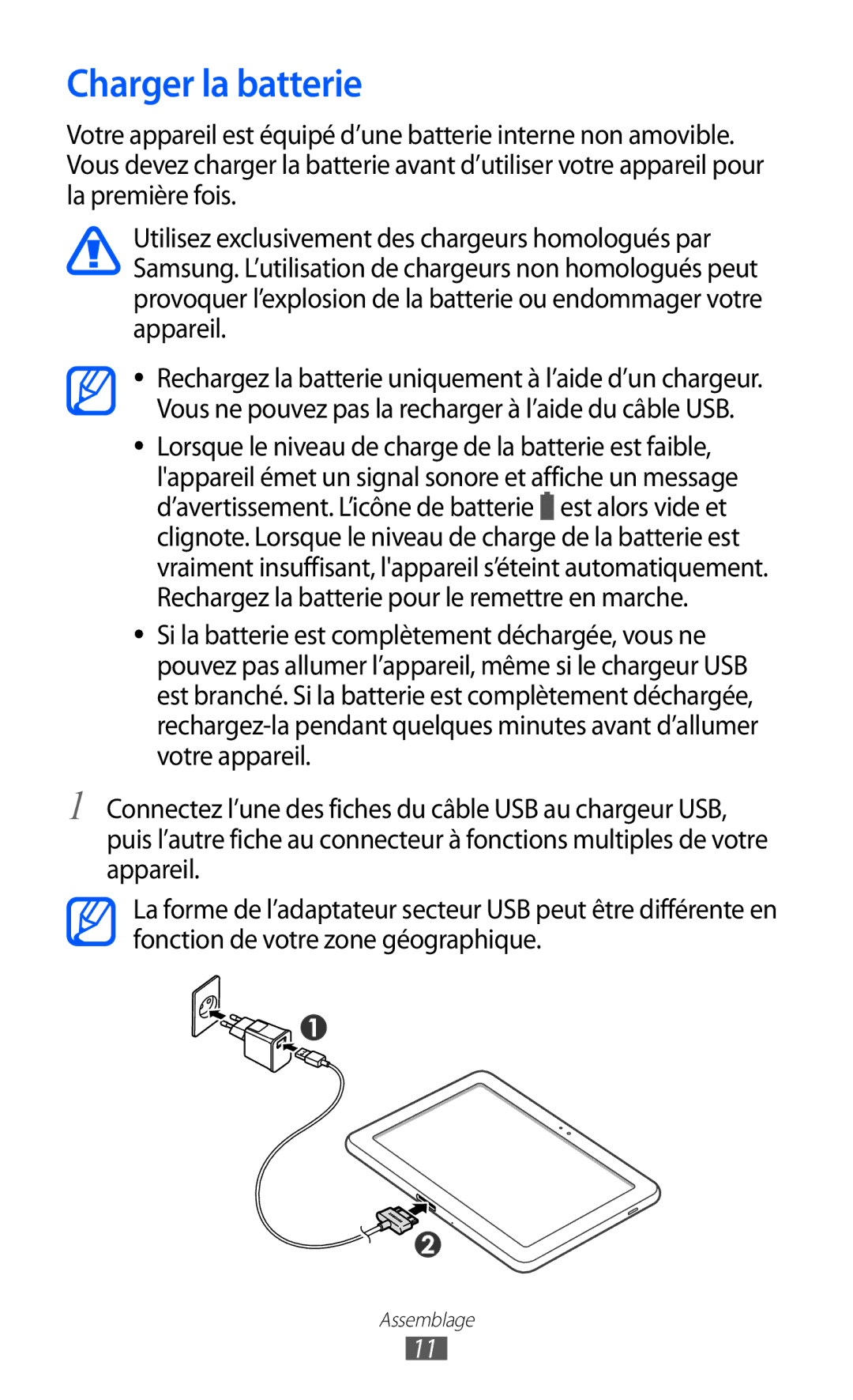 Samsung GT-P7510FKDXEF, GT-P7510UWDXEF, GT-P7510UWDFTM, GT-P7510UWAXEF, GT-P7510FKDFTM, GT-P7510UWDSFR Charger la batterie 