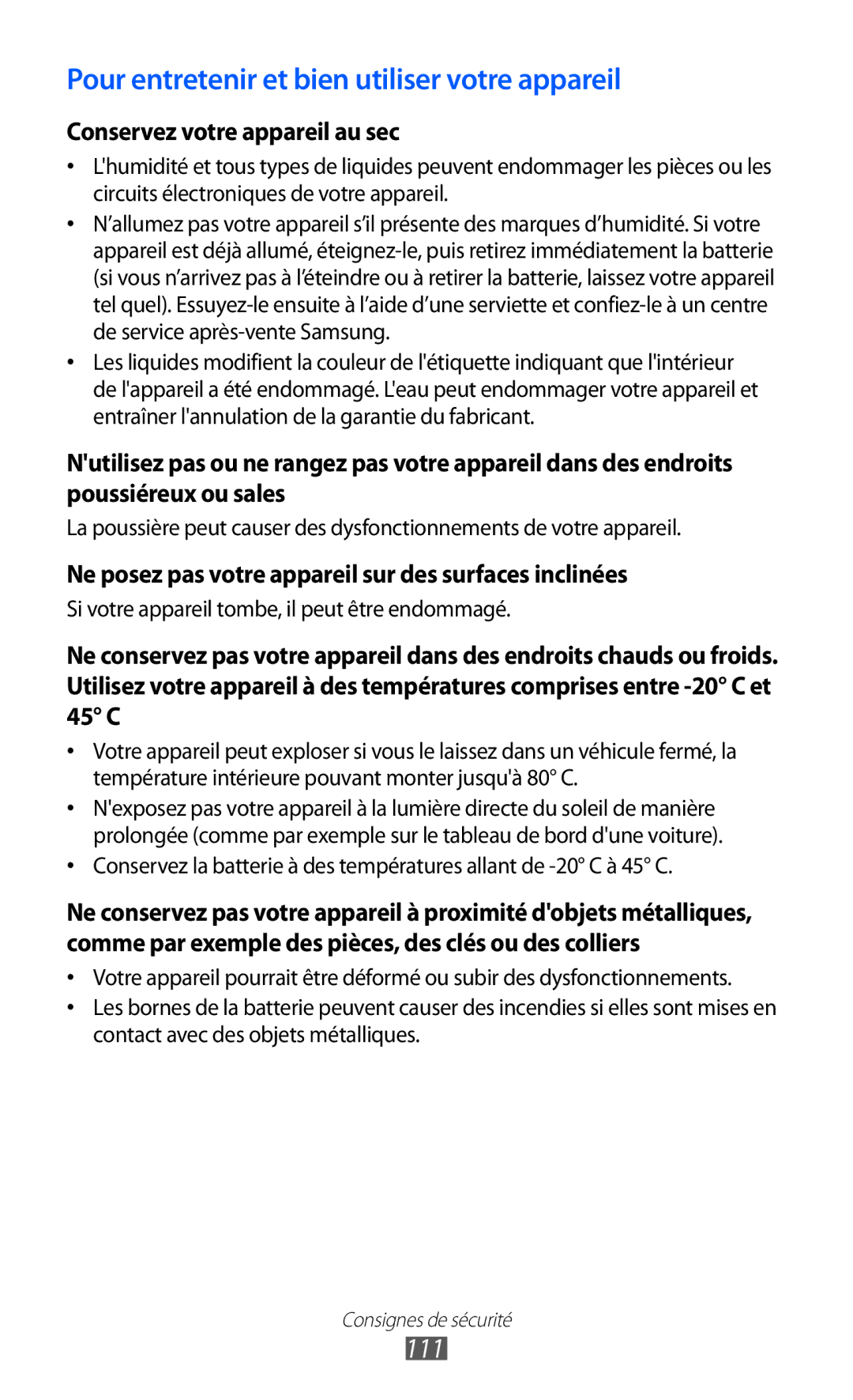 Samsung GT-P7510FKDSFR, GT-P7510UWDXEF, GT-P7510UWDFTM, GT-P7510UWAXEF Pour entretenir et bien utiliser votre appareil, 111 