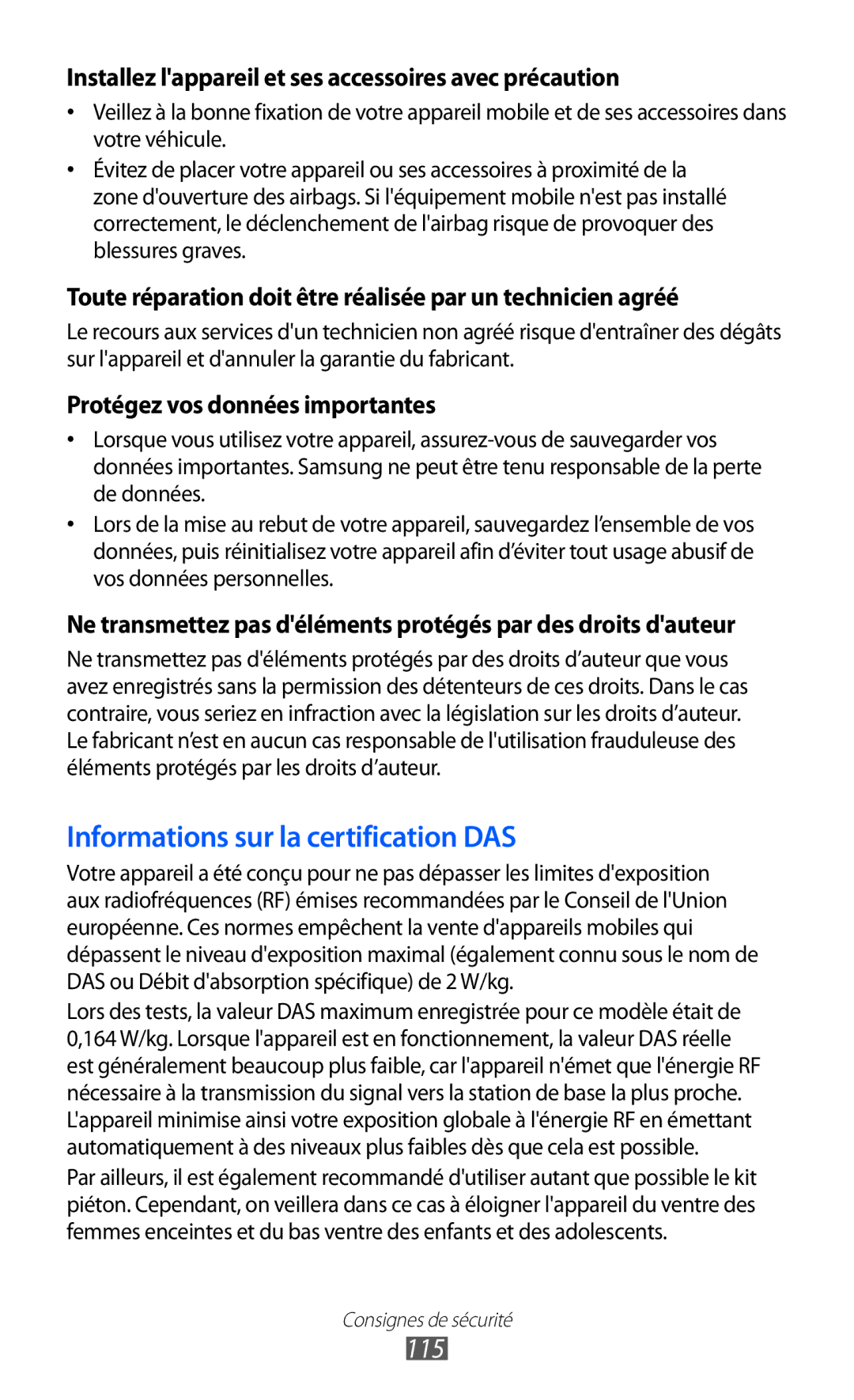 Samsung GT-P7510FKDXEF, GT-P7510UWDXEF, GT-P7510UWDFTM manual 115, Installez lappareil et ses accessoires avec précaution 