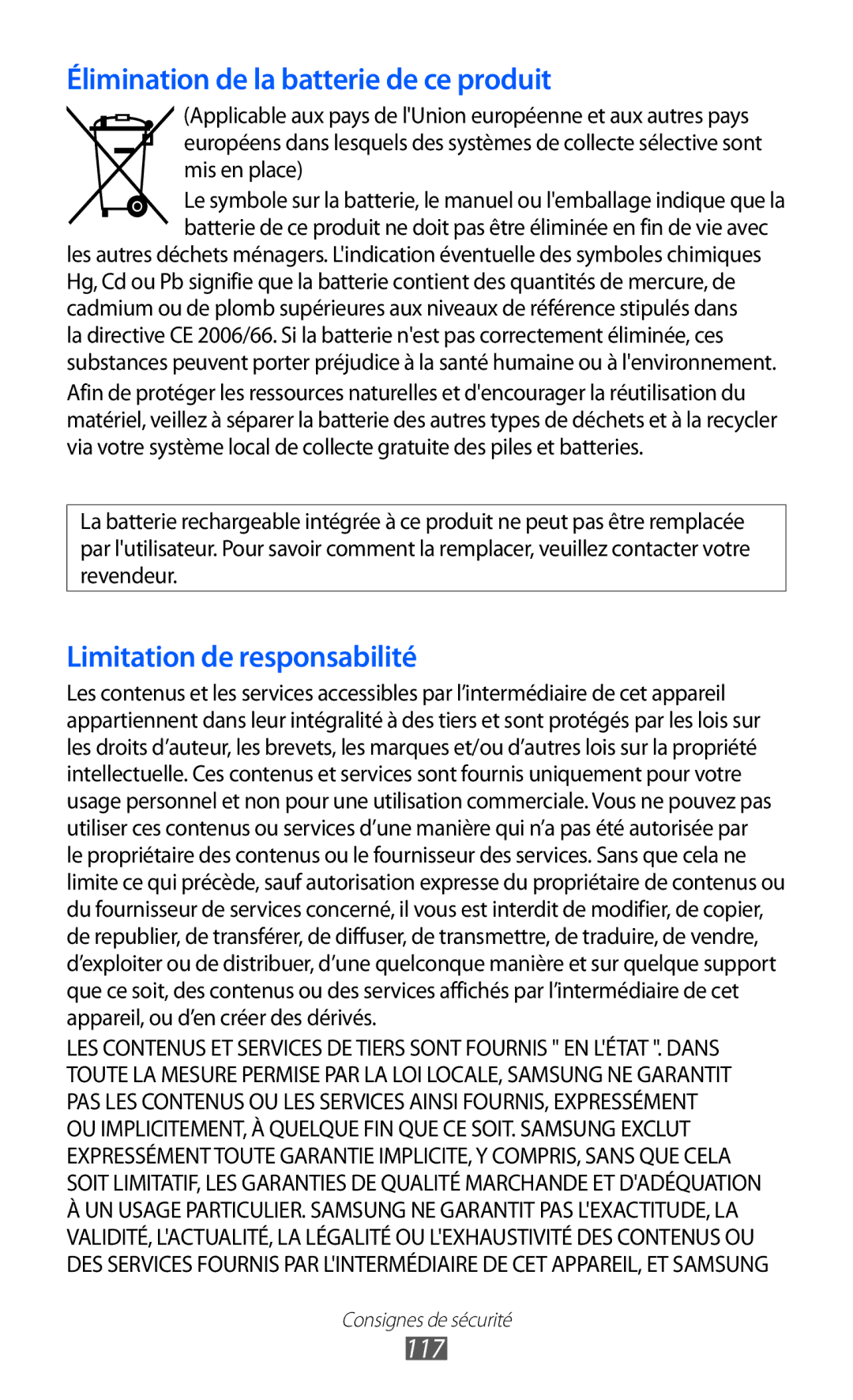 Samsung GT-P7510UWDSFR, GT-P7510UWDXEF, GT-P7510UWDFTM, GT-P7510UWAXEF manual Élimination de la batterie de ce produit, 117 