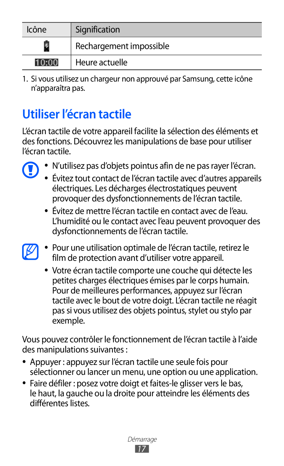 Samsung GT-P7510UWDFTM manual Utiliser l’écran tactile, Icône Signification Rechargement impossible Heure actuelle 