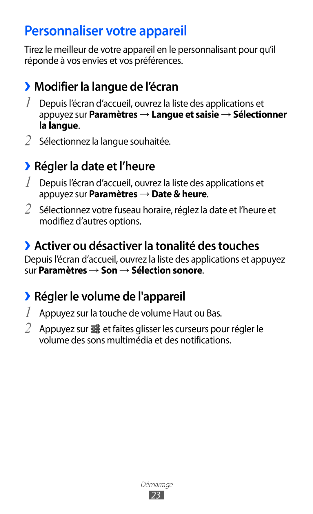 Samsung GT-P7510FKDSFR manual Personnaliser votre appareil, ››Modifier la langue de l’écran, ››Régler la date et l’heure 