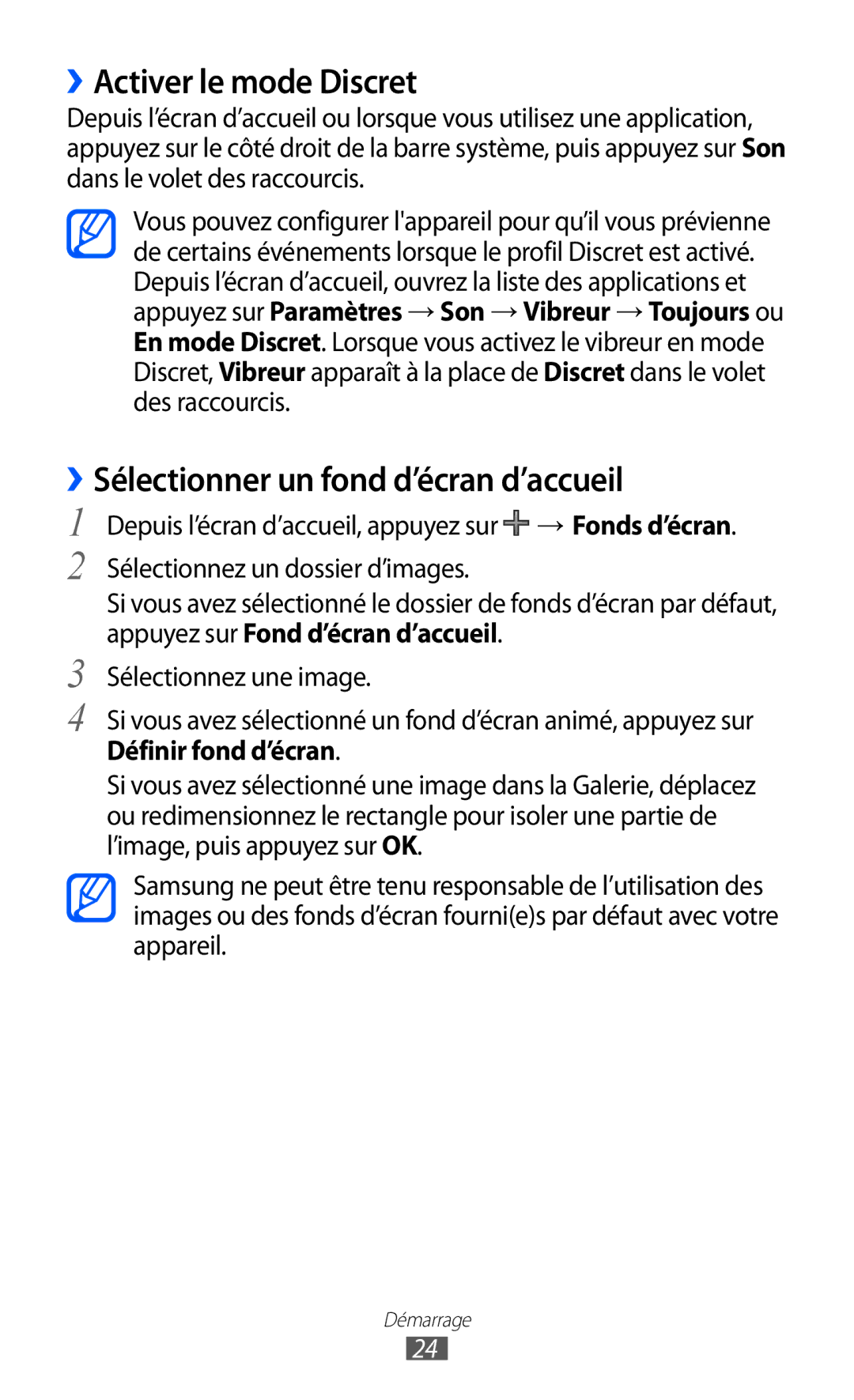 Samsung GT-P7510UWDXEF manual ››Activer le mode Discret, ››Sélectionner un fond d’écran d’accueil, Définir fond d’écran 