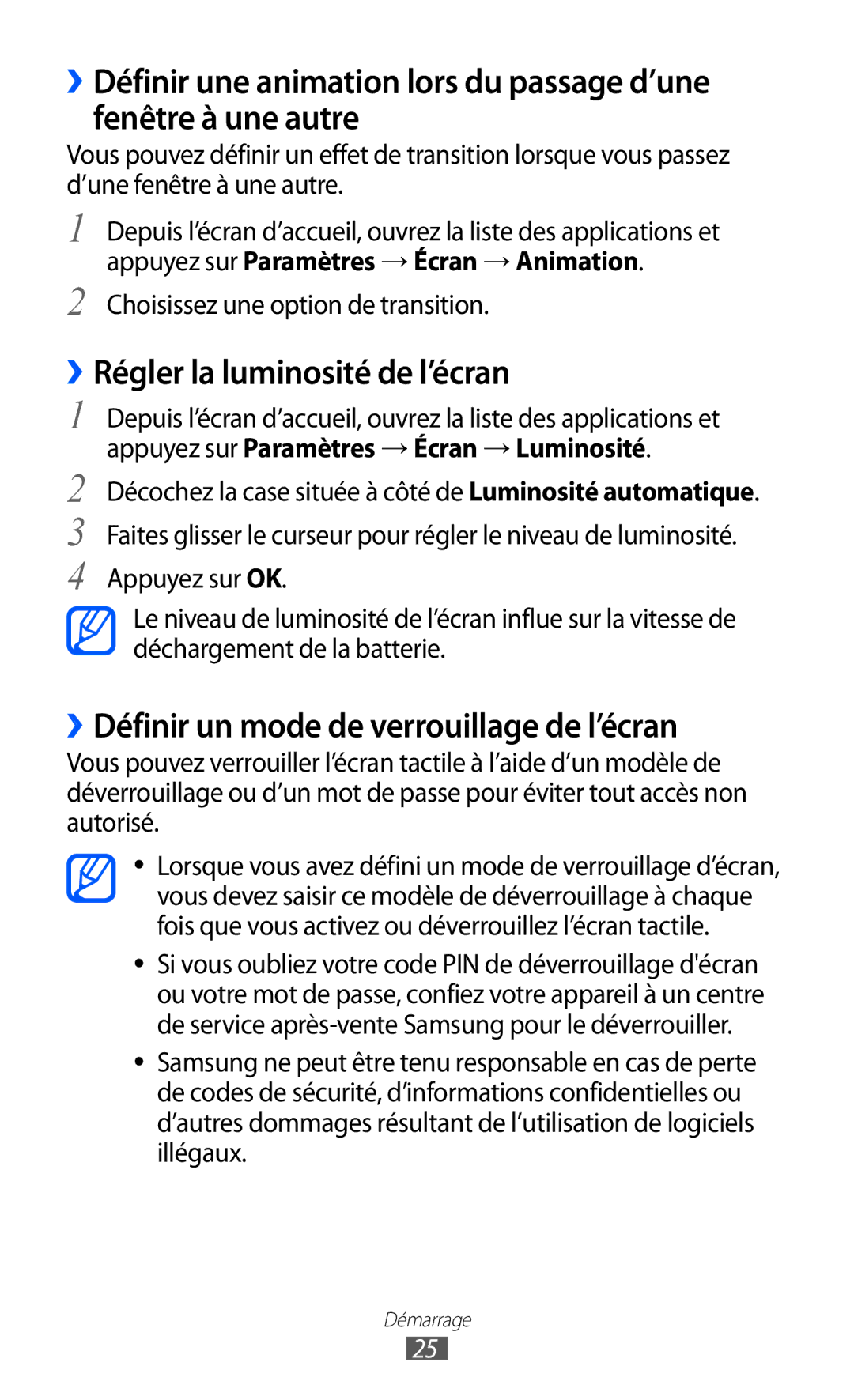 Samsung GT-P7510UWDFTM, GT-P7510UWDXEF ››Régler la luminosité de l’écran, ››Définir un mode de verrouillage de l’écran 