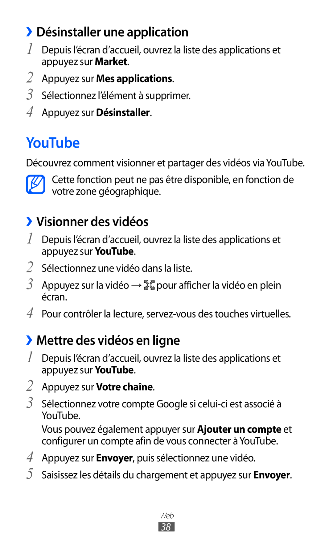 Samsung GT-P7510FKAXEF manual YouTube, ››Désinstaller une application, ››Visionner des vidéos, ››Mettre des vidéos en ligne 