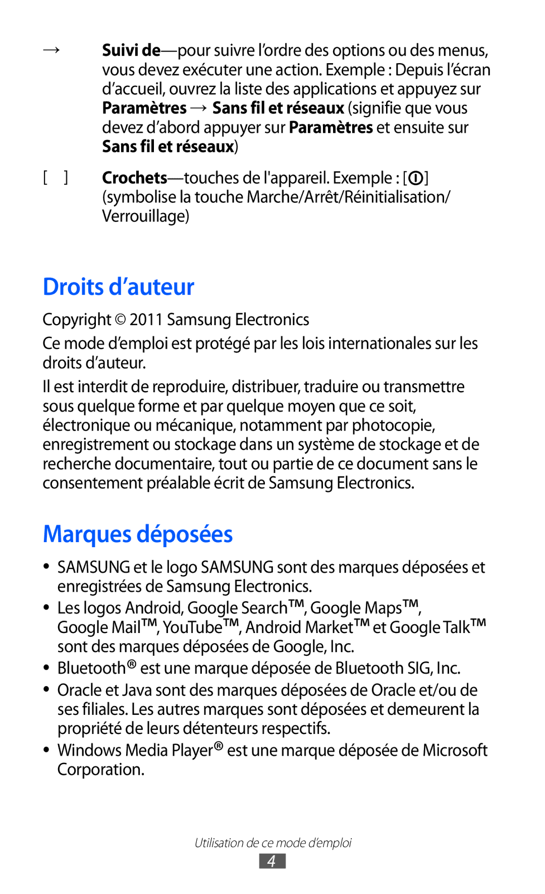 Samsung GT-P7510FKDFTM, GT-P7510UWDXEF, GT-P7510UWDFTM, GT-P7510UWAXEF manual Droits d’auteur, Marques déposées, Verrouillage 