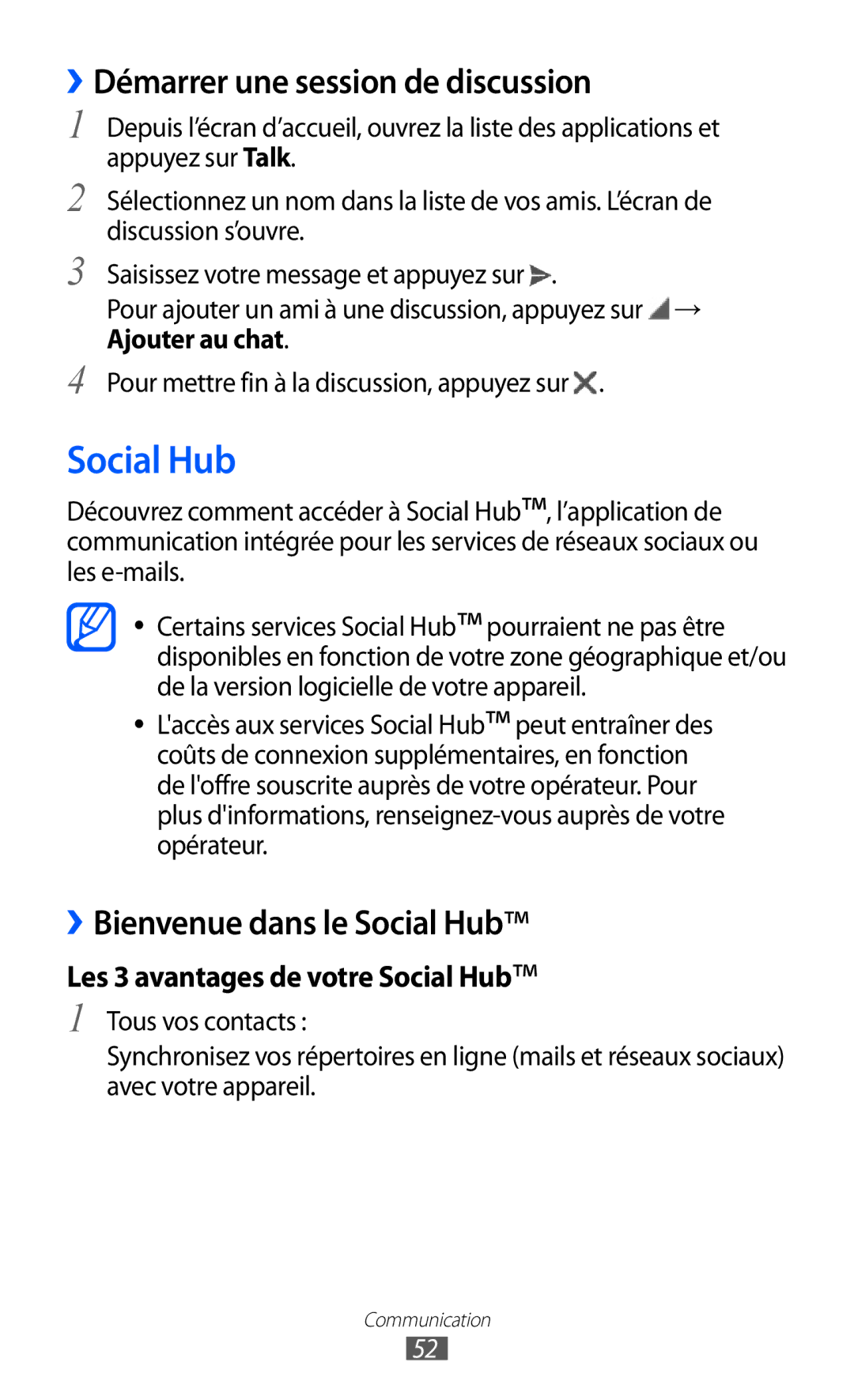 Samsung GT-P7510FKDFTM, GT-P7510UWDXEF, GT-P7510UWDFTM, GT-P7510UWAXEF manual Social Hub, ››Démarrer une session de discussion 