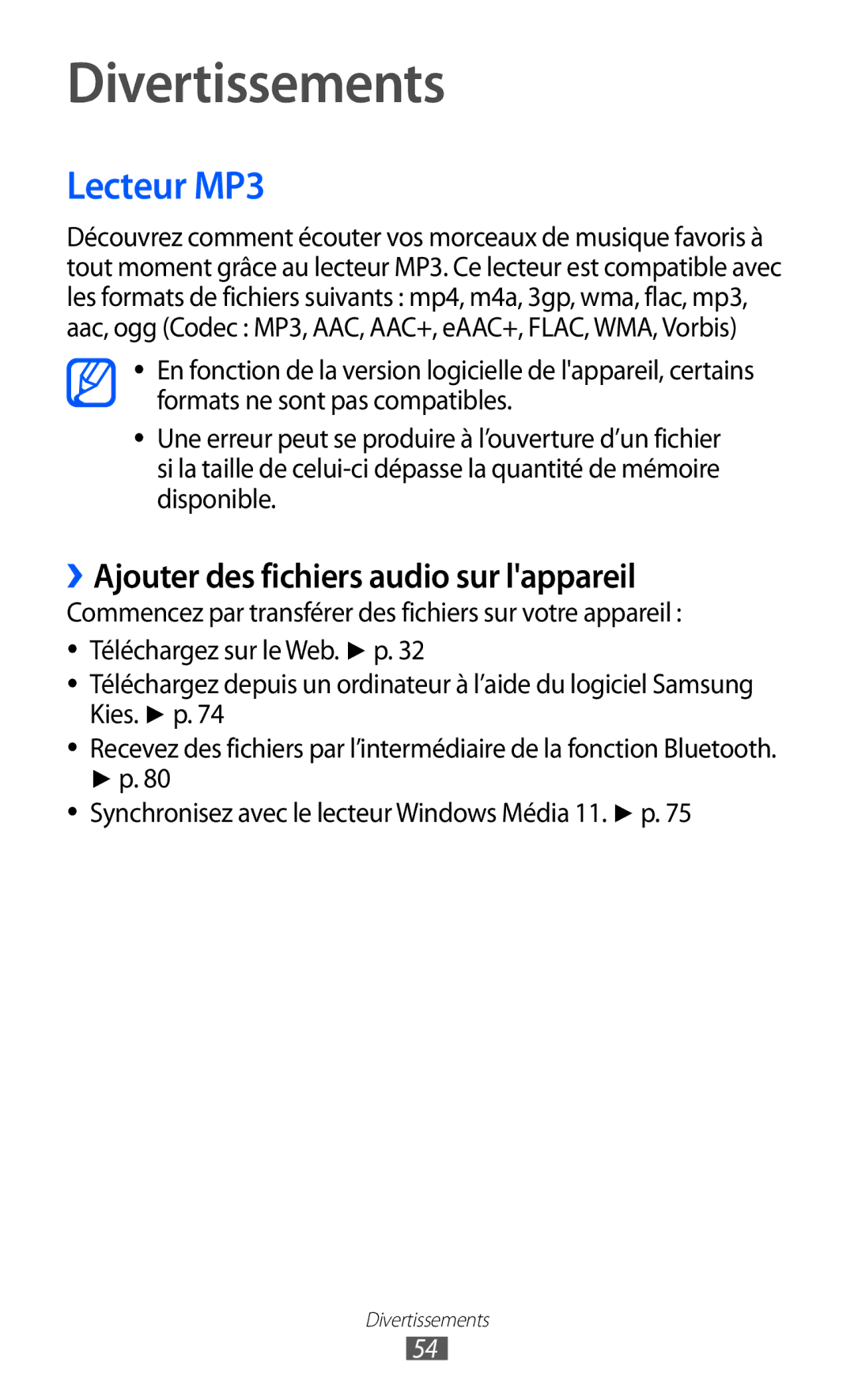 Samsung GT-P7510FKAXEF, GT-P7510UWDXEF manual Divertissements, Lecteur MP3, ››Ajouter des fichiers audio sur lappareil 