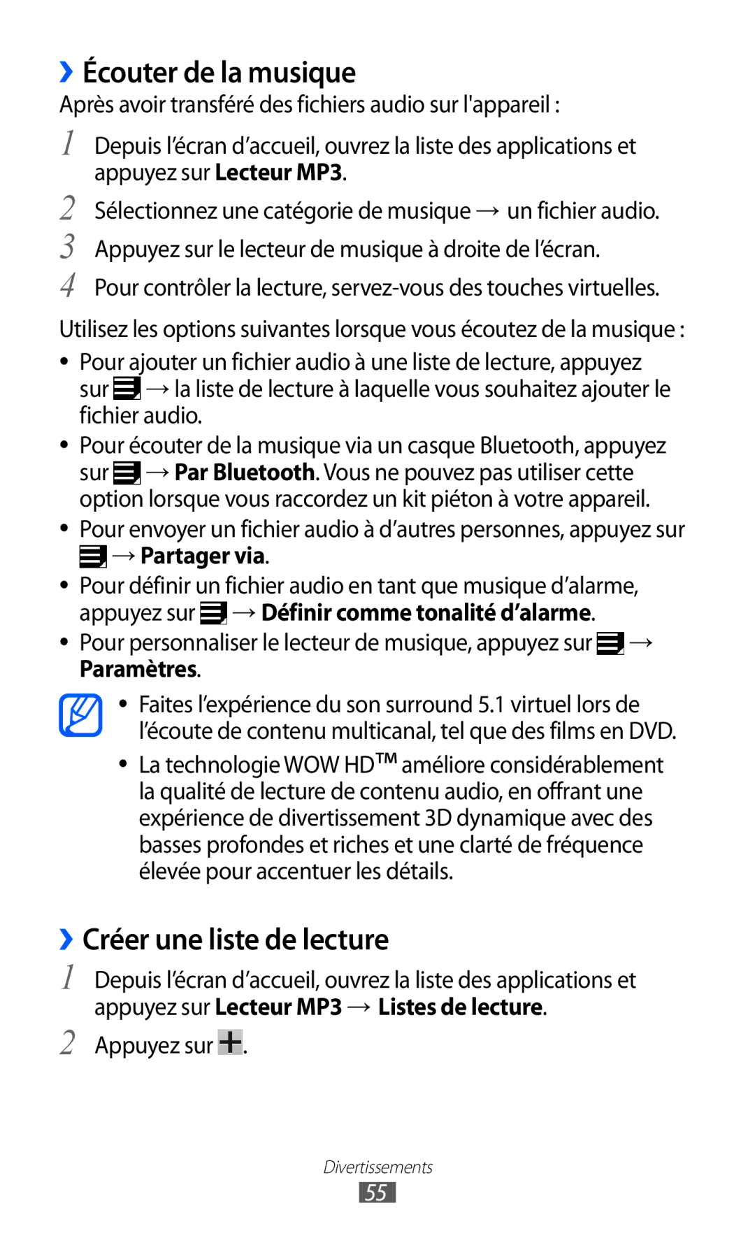 Samsung GT-P7510FKDSFR, GT-P7510UWDXEF ››Écouter de la musique, ››Créer une liste de lecture, → Partager via, Paramètres 