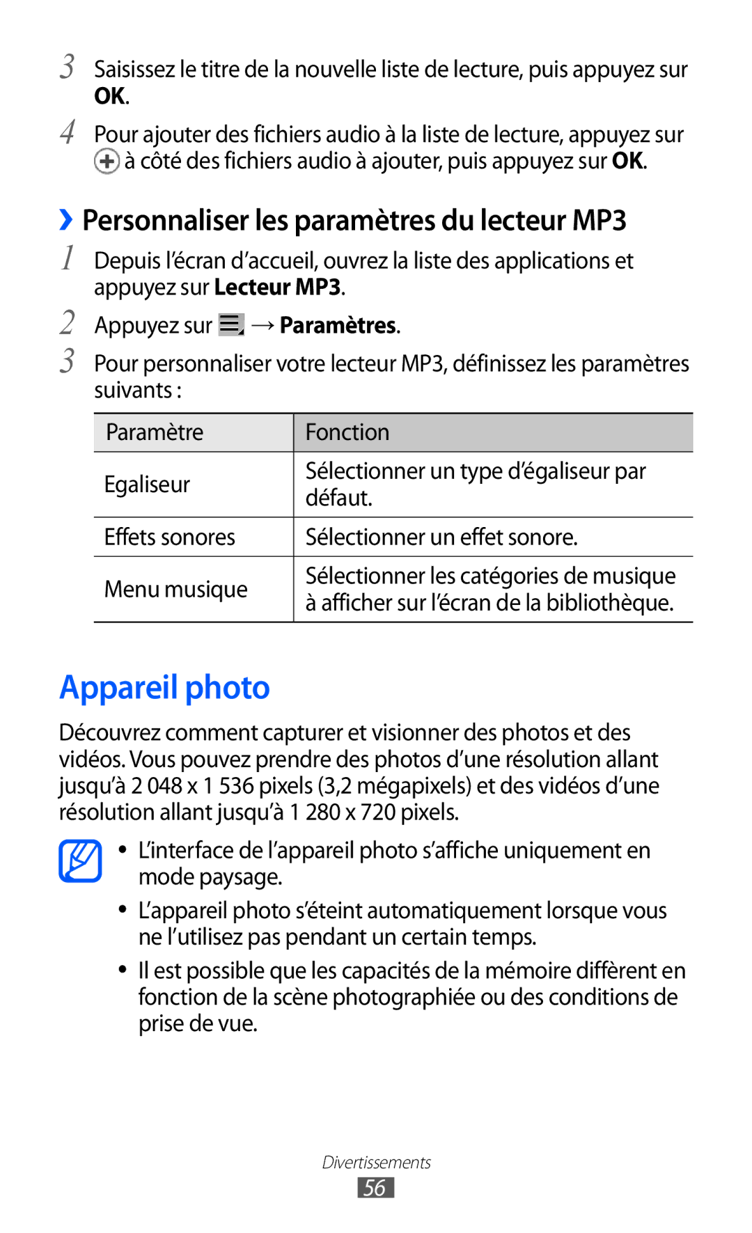 Samsung GT-P7510UWDXEF, GT-P7510UWDFTM, GT-P7510UWAXEF manual Appareil photo, ››Personnaliser les paramètres du lecteur MP3 