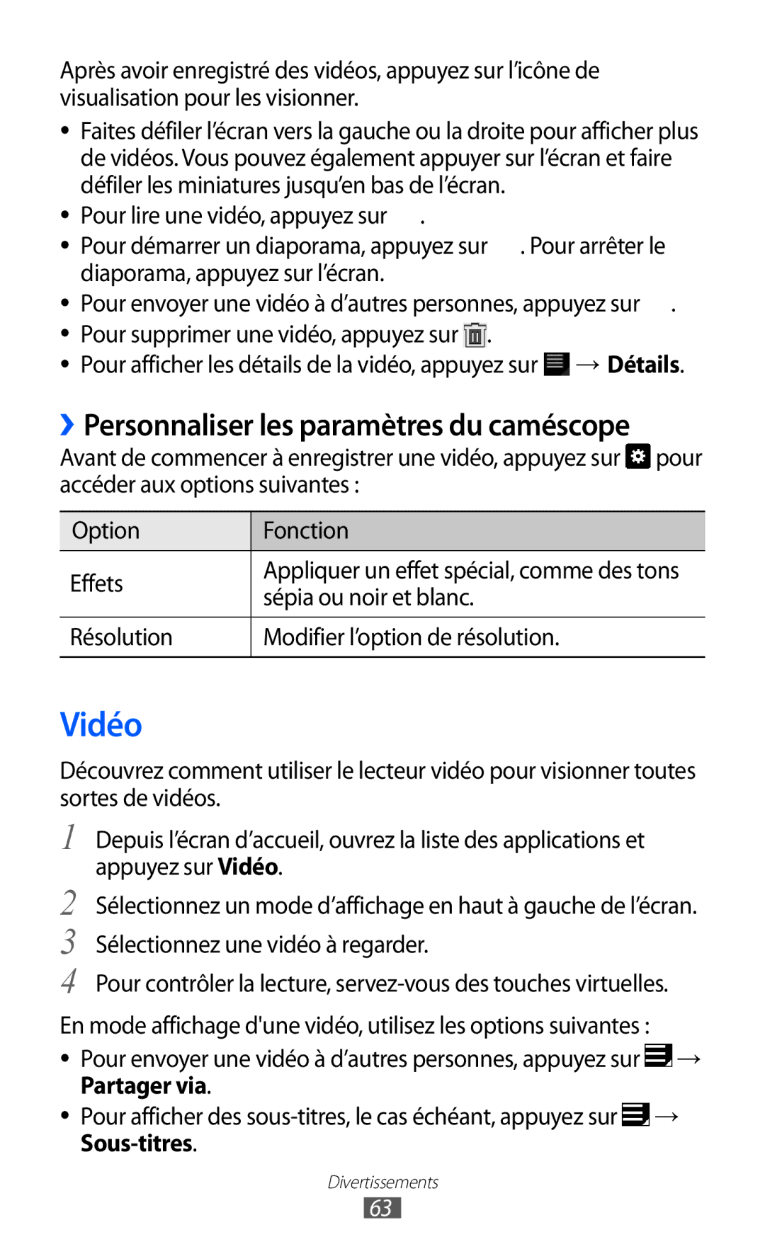 Samsung GT-P7510FKDSFR Vidéo, ››Personnaliser les paramètres du caméscope, Résolution Modifier l’option de résolution 