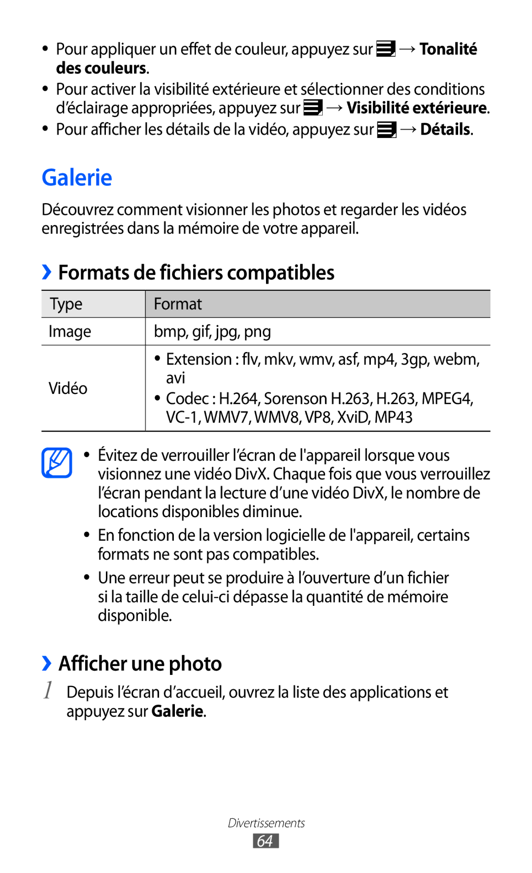 Samsung GT-P7510UWDXEF, GT-P7510UWDFTM, GT-P7510UWAXEF manual Galerie, Formats de fichiers compatibles, ››Afficher une photo 