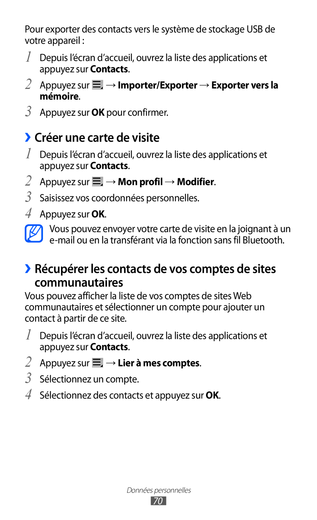 Samsung GT-P7510FKAXEF manual ››Créer une carte de visite, Appuyez sur → Importer/Exporter → Exporter vers la mémoire 