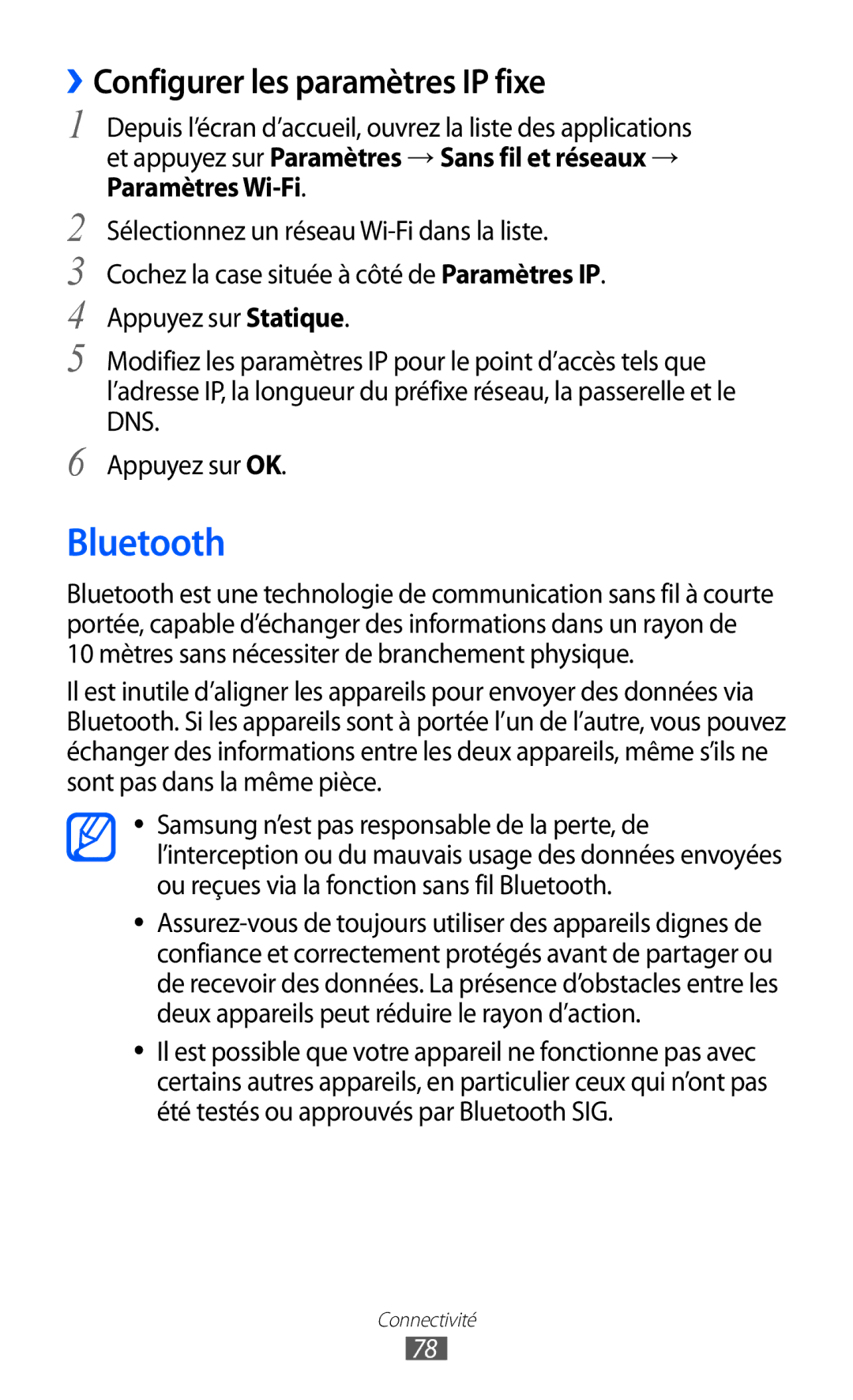 Samsung GT-P7510FKAXEF, GT-P7510UWDXEF, GT-P7510UWDFTM, GT-P7510UWAXEF manual Bluetooth, ››Configurer les paramètres IP fixe 