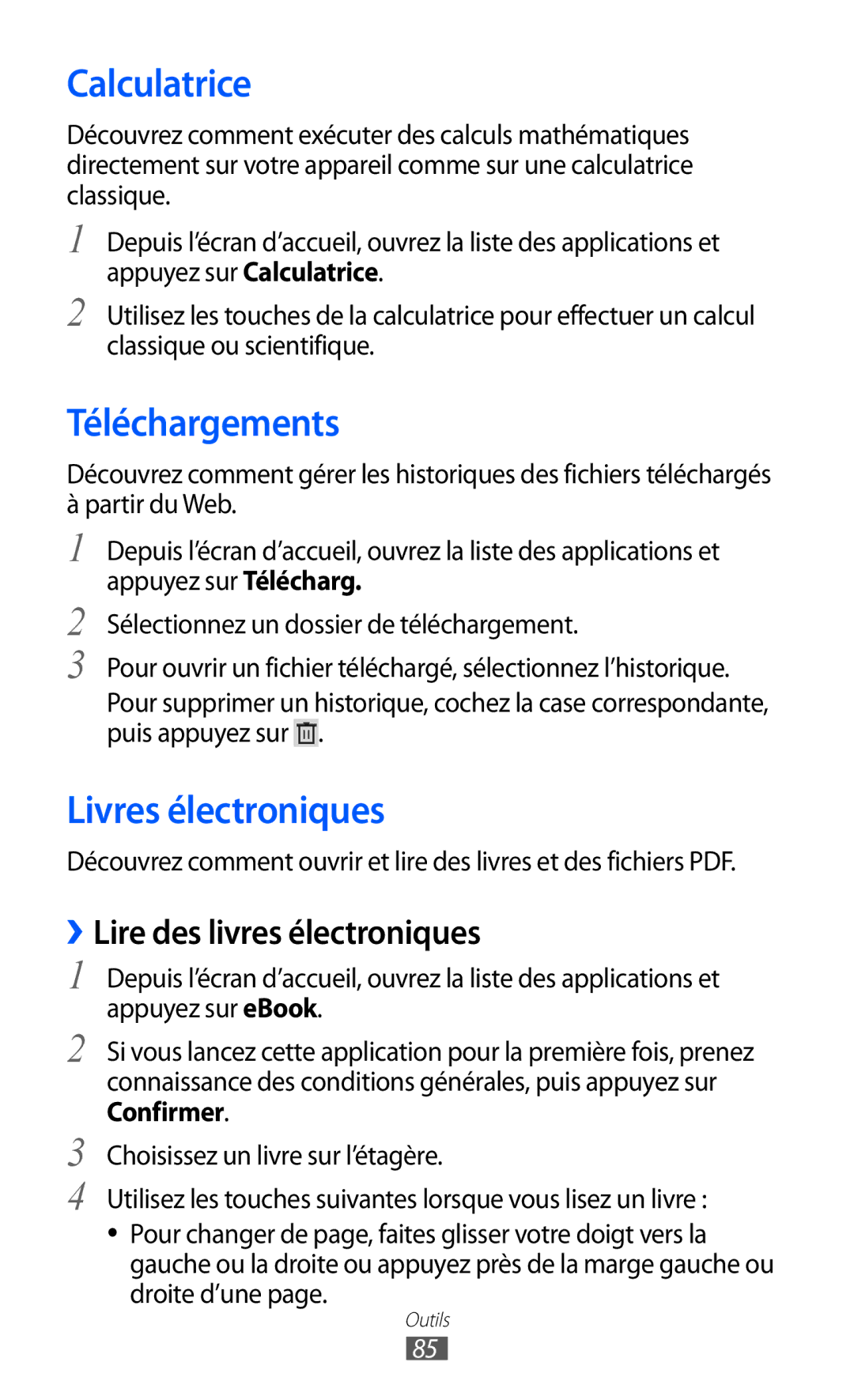 Samsung GT-P7510UWDSFR manual Calculatrice, Téléchargements, Livres électroniques, ››Lire des livres électroniques 