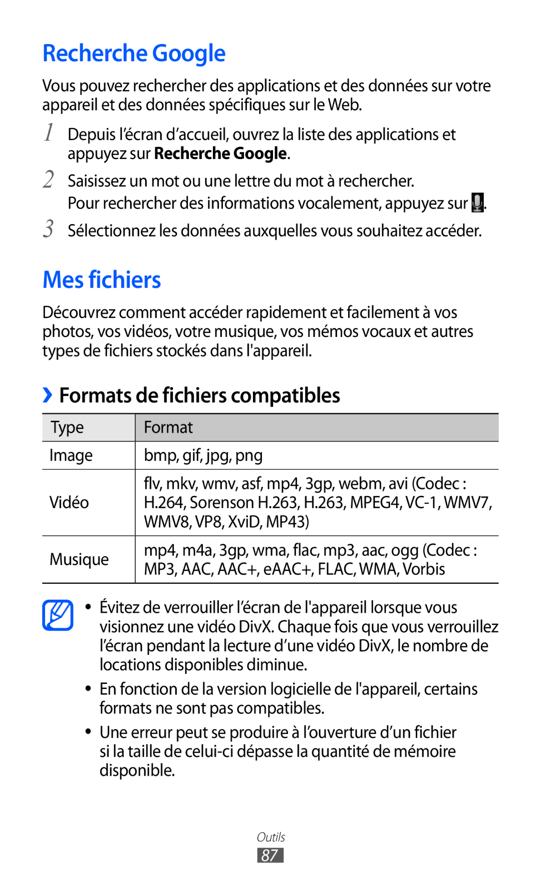 Samsung GT-P7510FKDSFR, GT-P7510UWDXEF manual Recherche Google, Mes fichiers, Vidéo, WMV8, VP8, XviD, MP43, Musique 