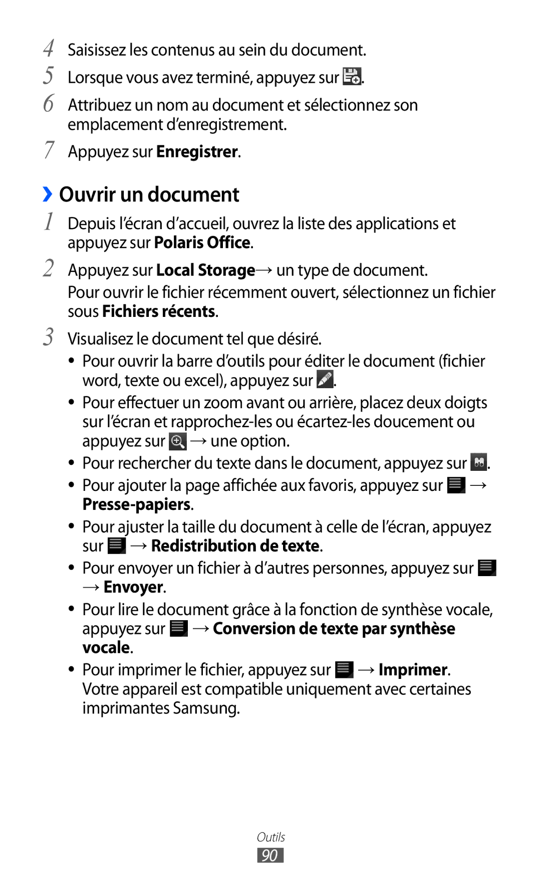 Samsung GT-P7510UWAXEF, GT-P7510UWDXEF, GT-P7510UWDFTM, GT-P7510FKDXEF, GT-P7510FKDFTM manual ››Ouvrir un document, → Envoyer 