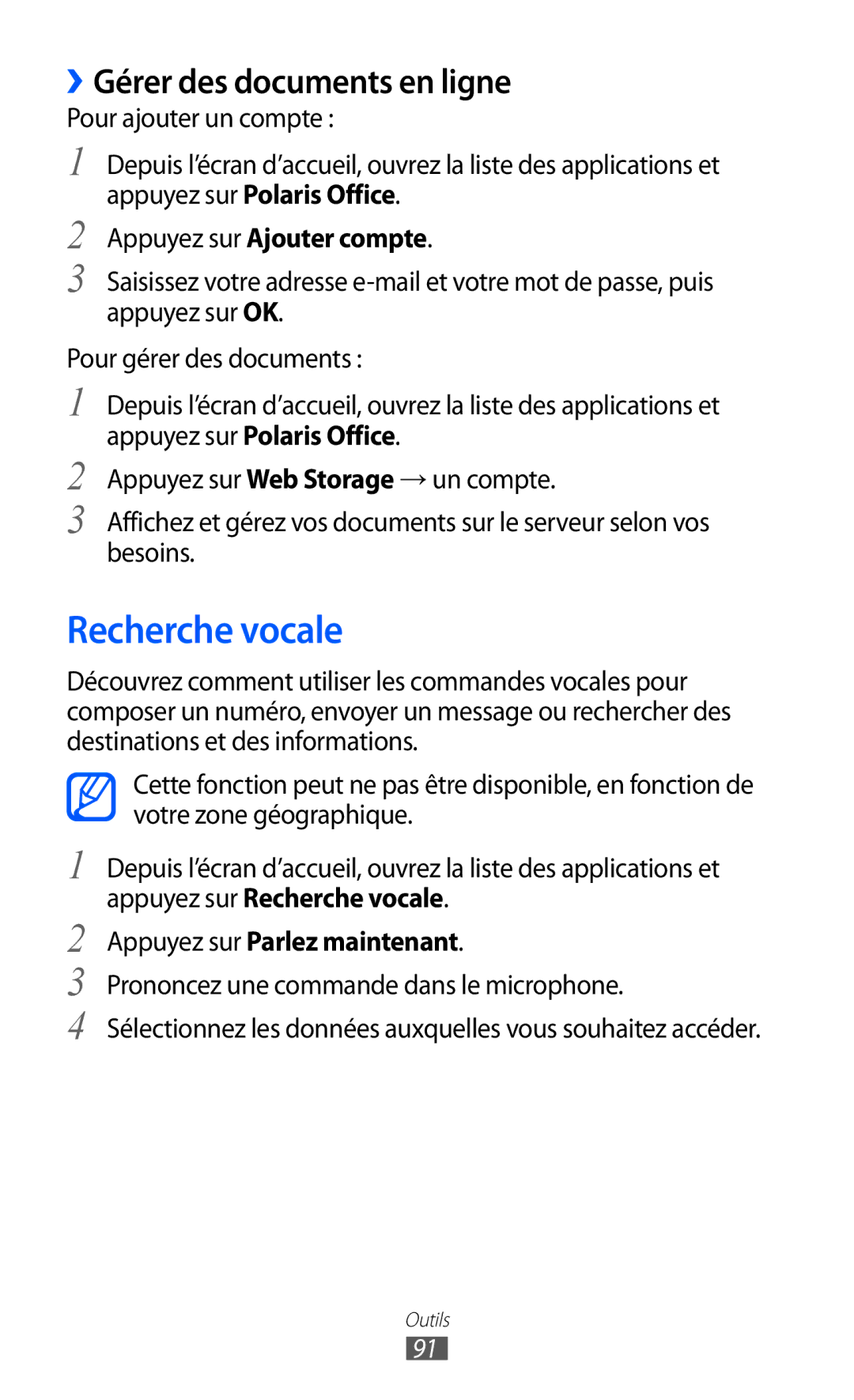 Samsung GT-P7510FKDXEF, GT-P7510UWDXEF manual Recherche vocale, ››Gérer des documents en ligne, Appuyez sur Ajouter compte 