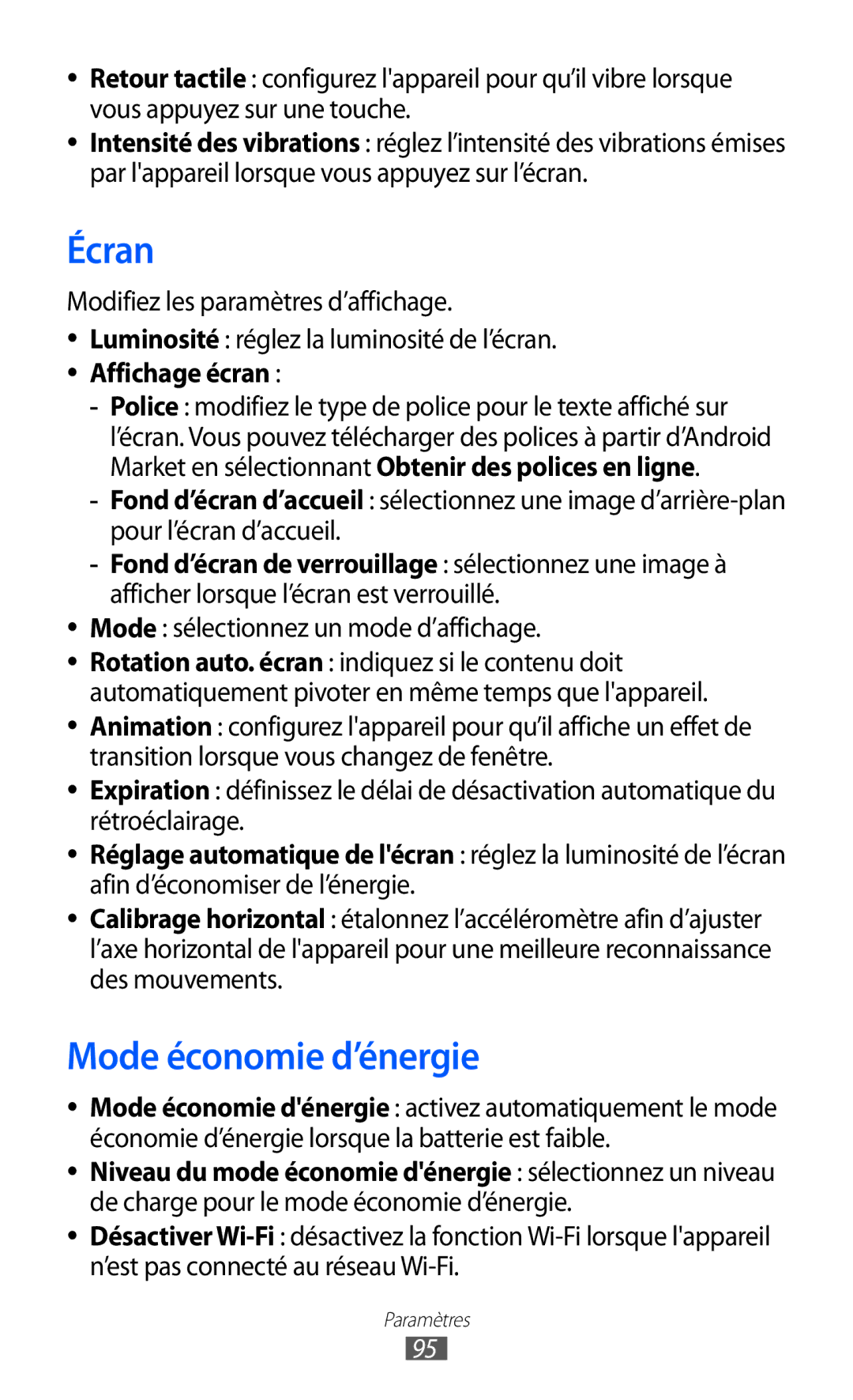 Samsung GT-P7510FKDSFR, GT-P7510UWDXEF, GT-P7510UWDFTM, GT-P7510UWAXEF, GT-P7510FKDXEF manual Écran, Mode économie d’énergie 