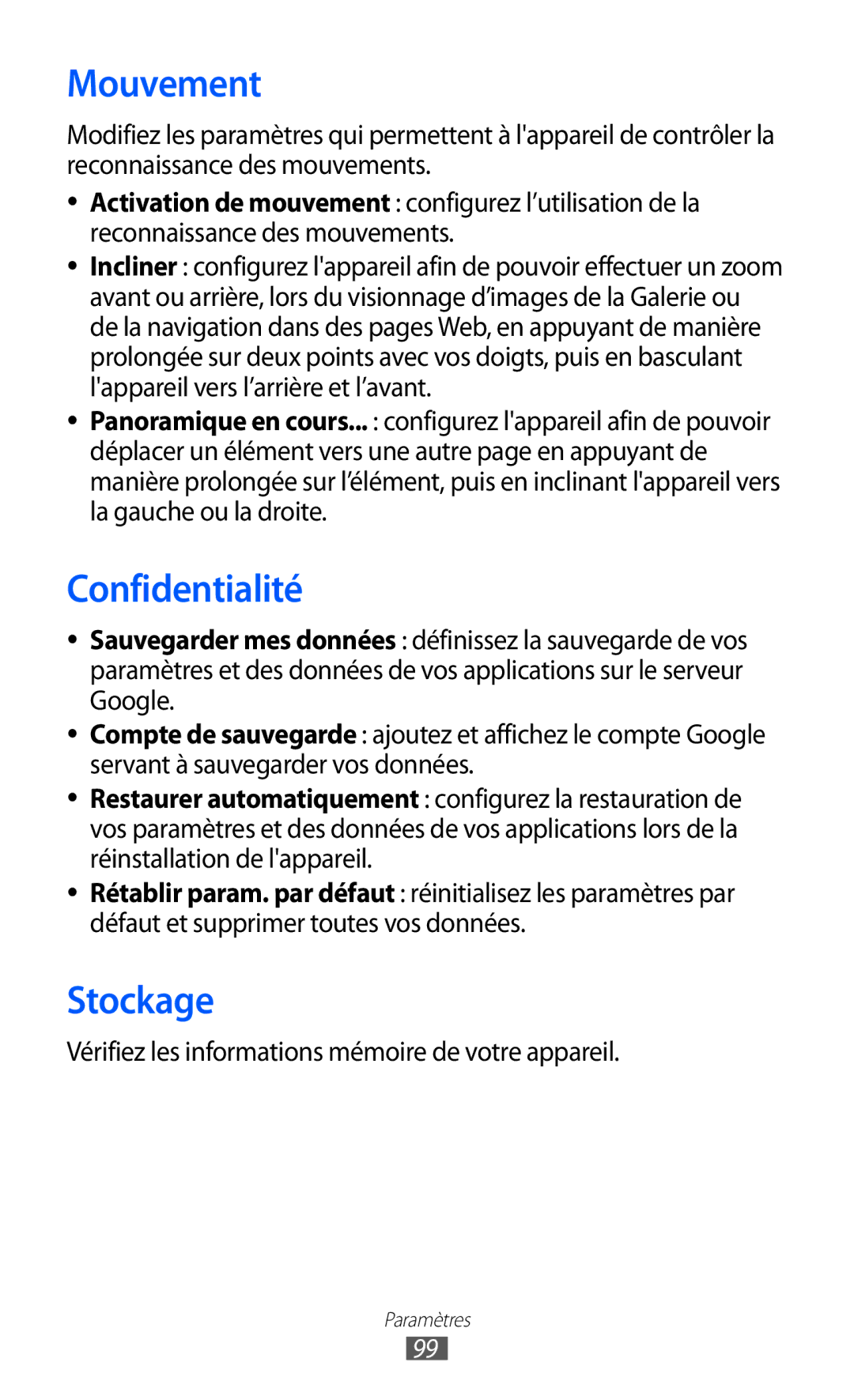 Samsung GT-P7510FKDXEF manual Mouvement, Confidentialité, Stockage, Vérifiez les informations mémoire de votre appareil 