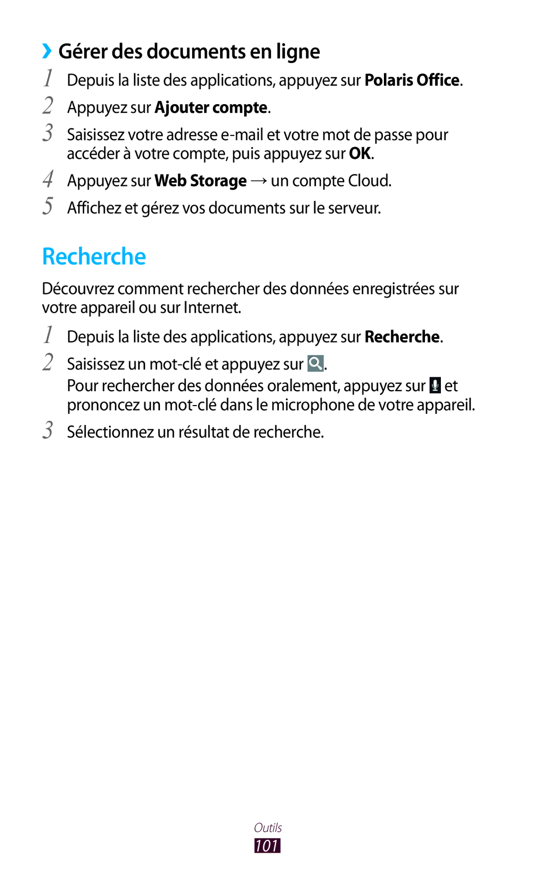 Samsung GT-P7510UWDSFR manual Recherche, ››Gérer des documents en ligne, Sélectionnez un résultat de recherche, 101 