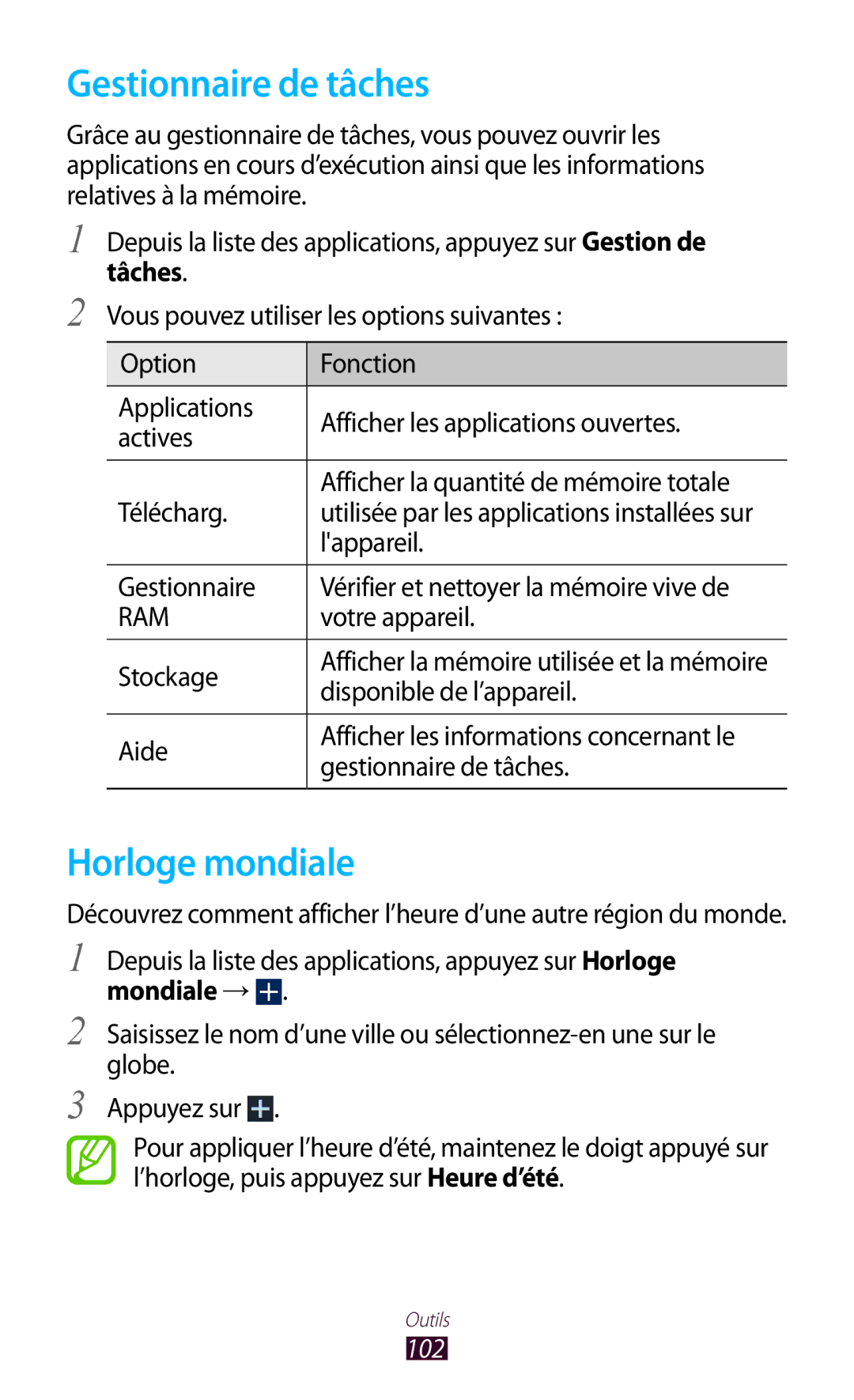 Samsung GT-P7510FKAXEF, GT-P7510UWDXEF, GT-P7510UWDFTM, GT-P7510UWAXEF manual Gestionnaire de tâches, Horloge mondiale, 102 