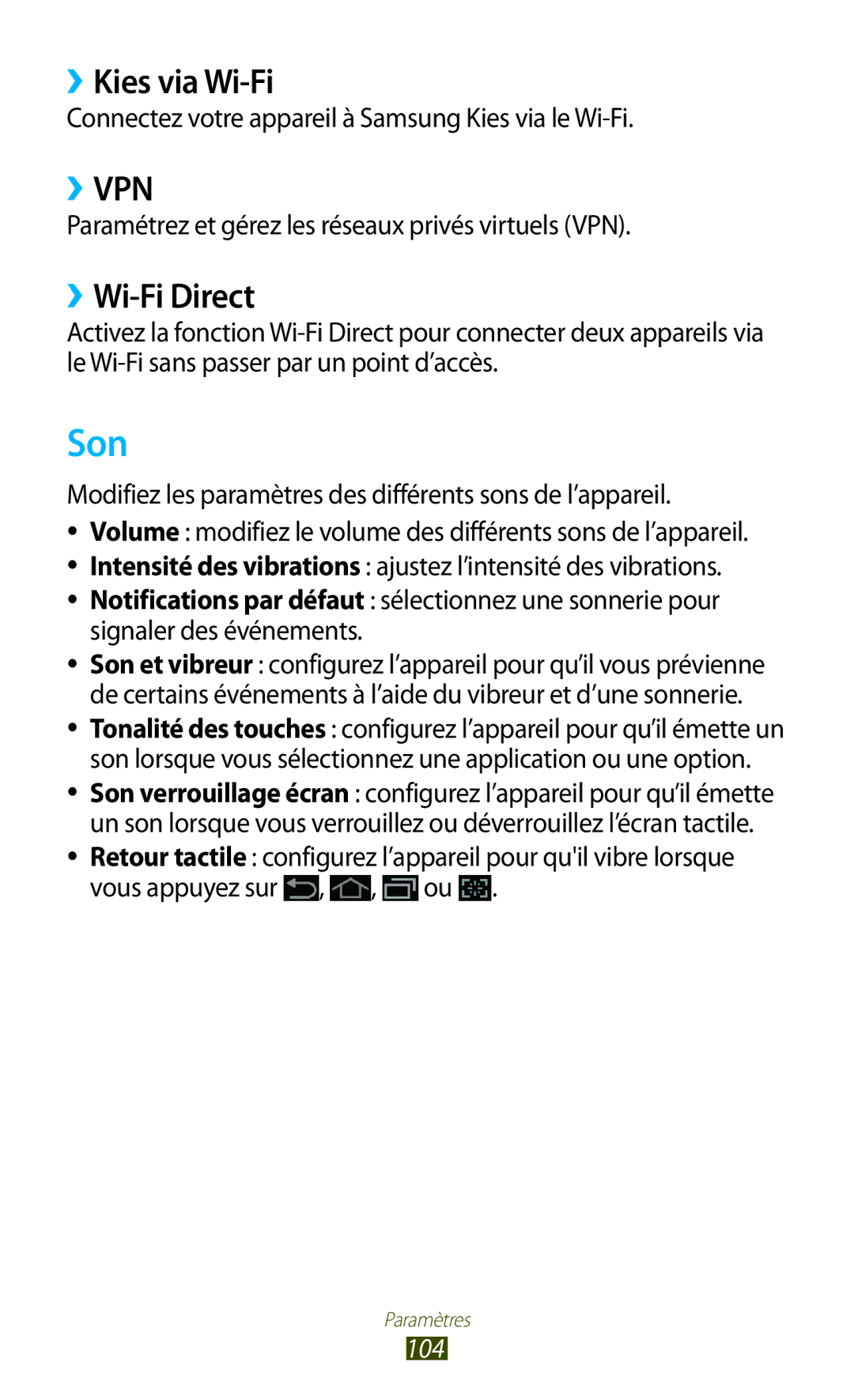 Samsung GT-P7510UWDXEF, GT-P7510UWDFTM, GT-P7510UWAXEF, GT-P7510FKDXEF manual Son, ››Kies via Wi-Fi, ››Wi-Fi Direct, 104 