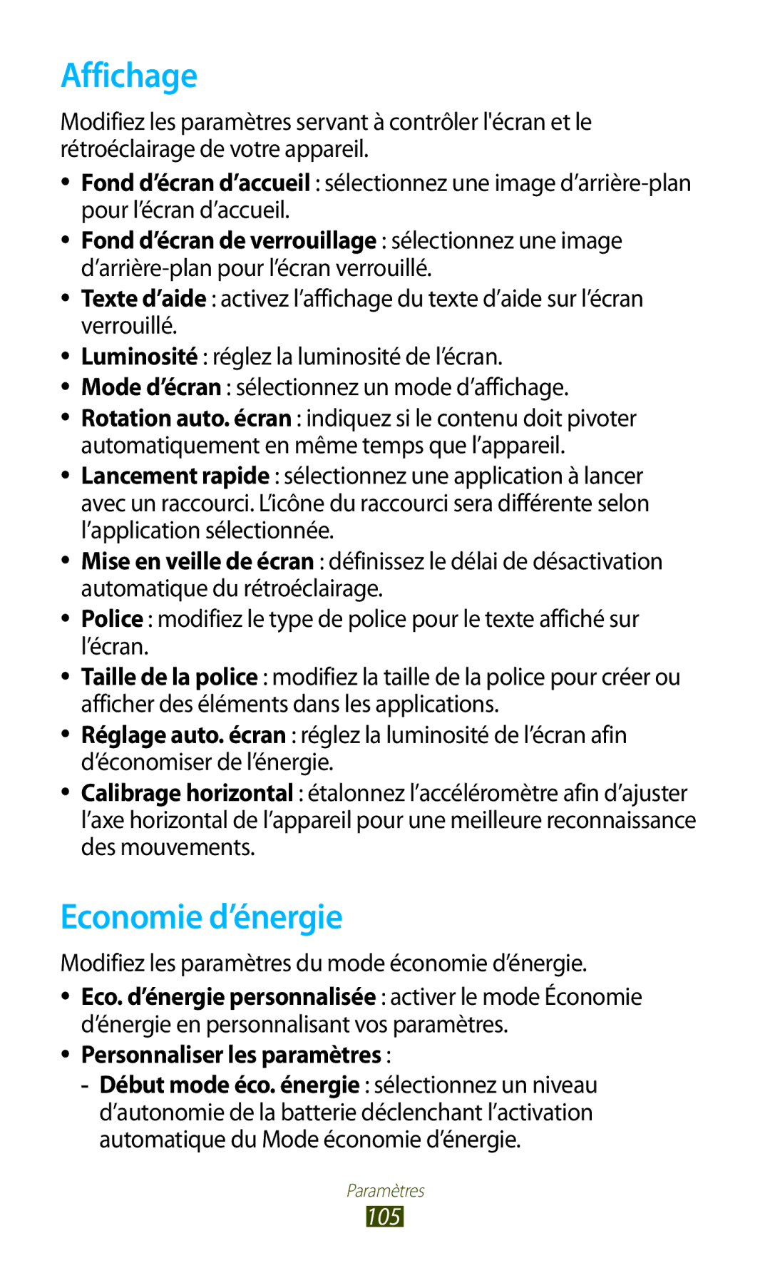 Samsung GT-P7510UWDFTM manual Affichage, Economie d’énergie, Modifiez les paramètres du mode économie d’énergie, 105 