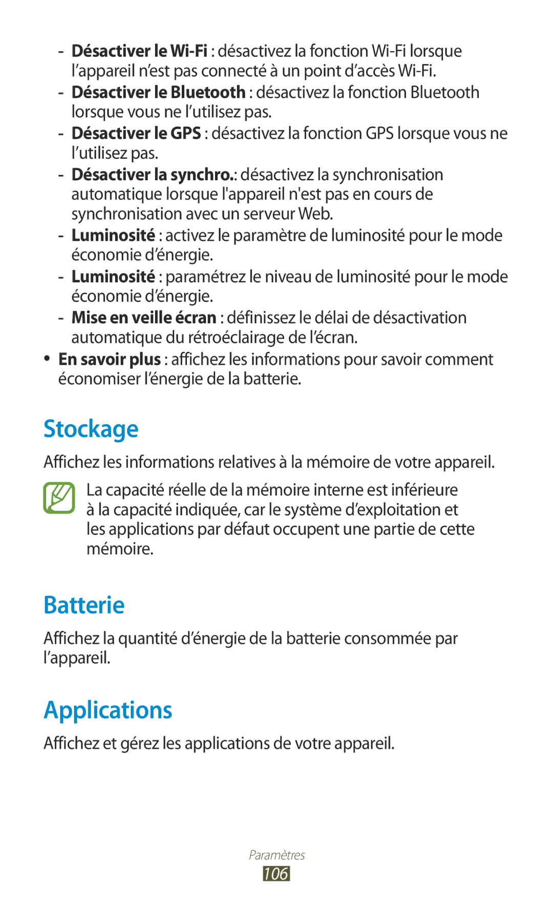 Samsung GT-P7510UWAXEF manual Stockage, Batterie, Applications, Affichez et gérez les applications de votre appareil, 106 