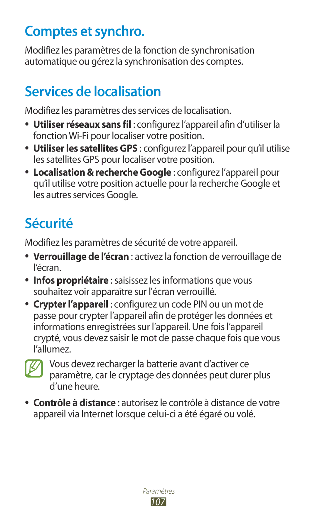 Samsung GT-P7510FKDXEF, GT-P7510UWDXEF, GT-P7510UWDFTM manual Comptes et synchro, Services de localisation, Sécurité, 107 