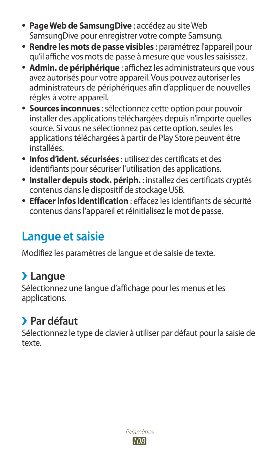 Samsung GT-P7510FKDFTM Langue et saisie, ››Langue, ››Par défaut, Modifiez les paramètres de langue et de saisie de texte 