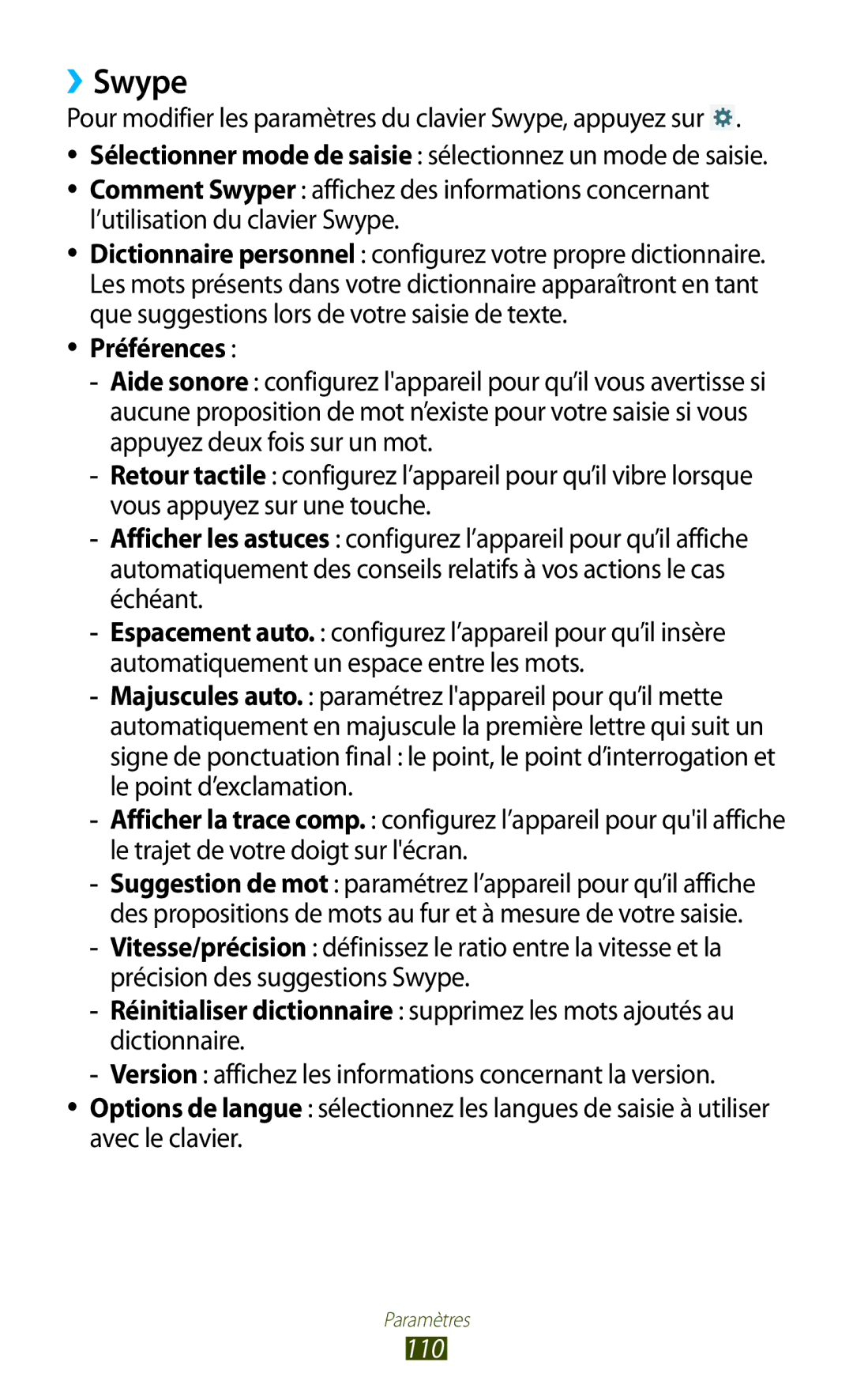 Samsung GT-P7510FKAXEF manual ››Swype, Pour modifier les paramètres du clavier Swype, appuyez sur, Préférences, 110 