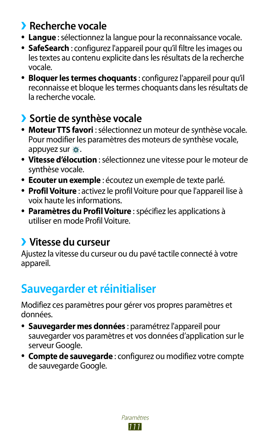 Samsung GT-P7510FKDSFR Sauvegarder et réinitialiser, ››Recherche vocale, ››Sortie de synthèse vocale, ››Vitesse du curseur 