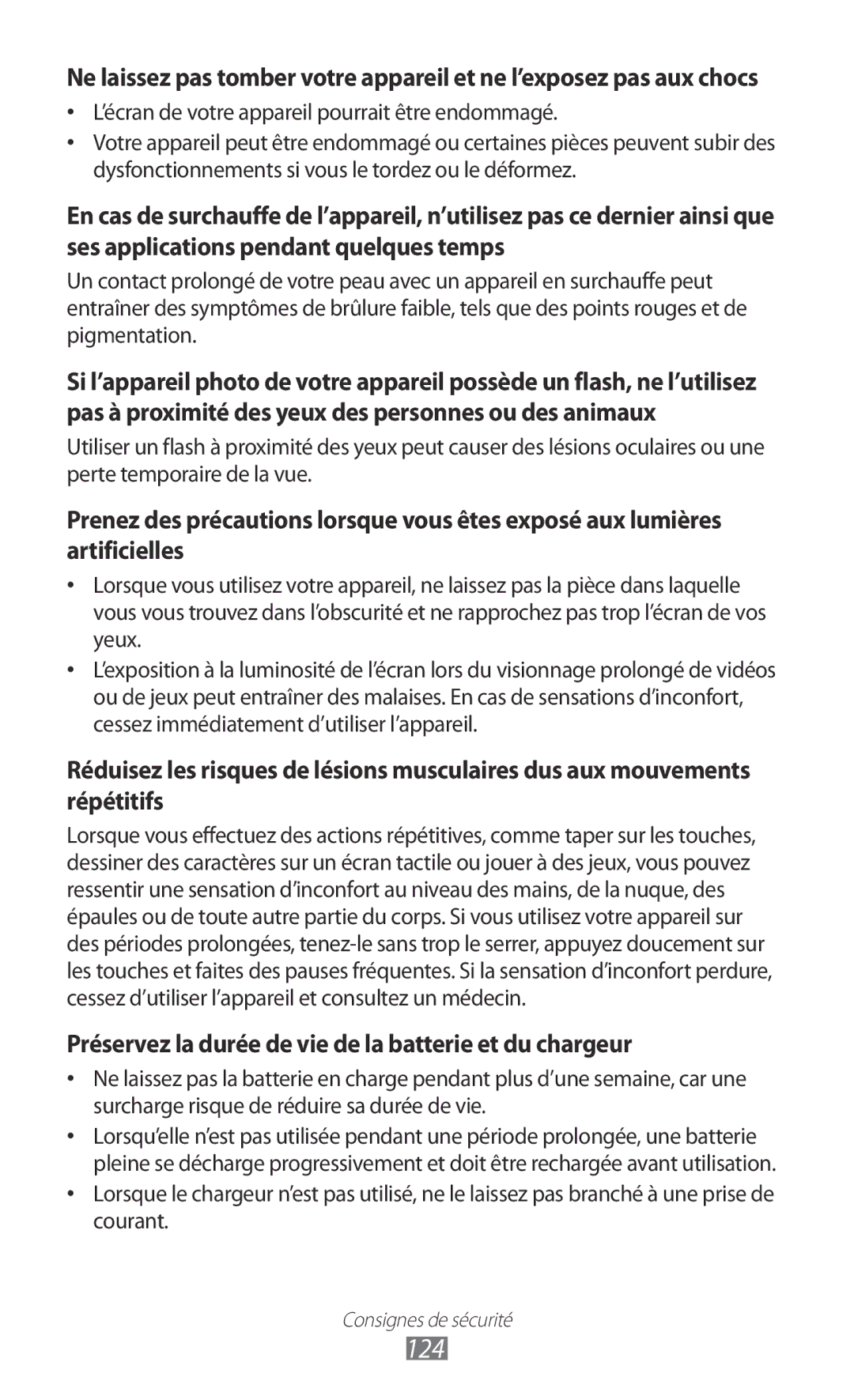 Samsung GT-P7510FKDFTM, GT-P7510UWDXEF, GT-P7510UWDFTM manual 124, Préservez la durée de vie de la batterie et du chargeur 