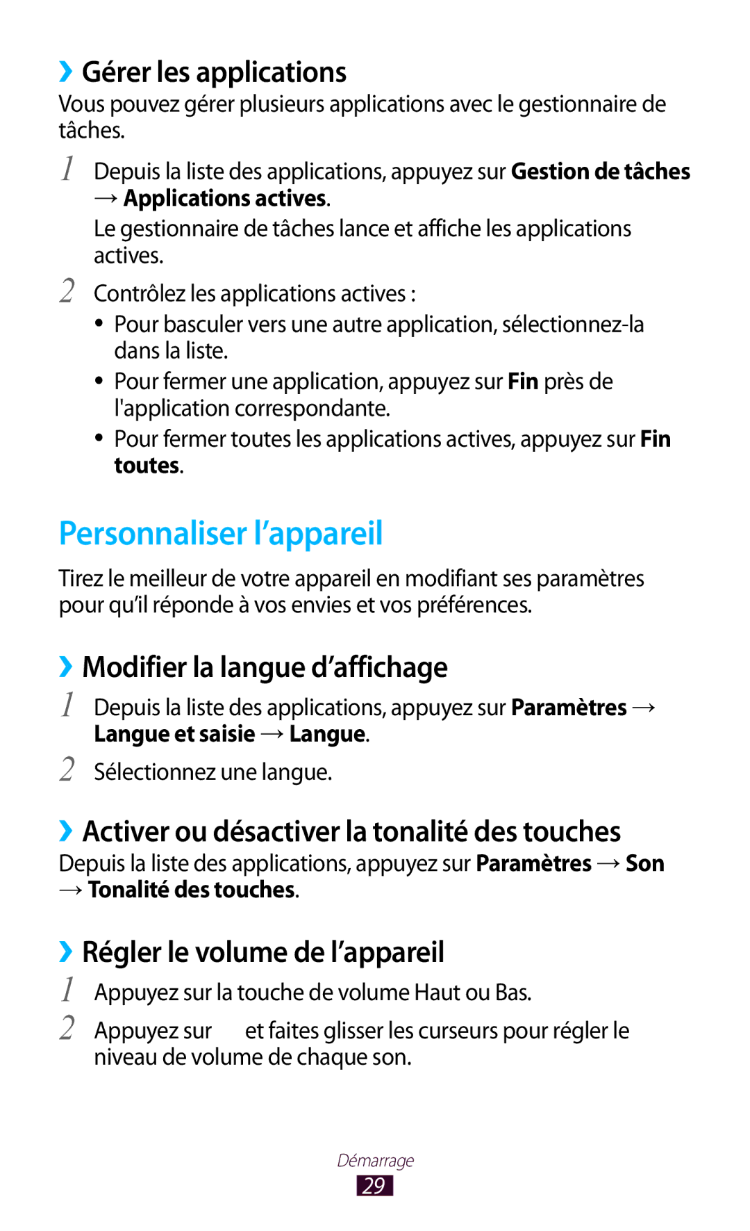 Samsung GT-P7510UWDSFR manual Personnaliser l’appareil, ››Gérer les applications, ››Modifier la langue d’affichage 