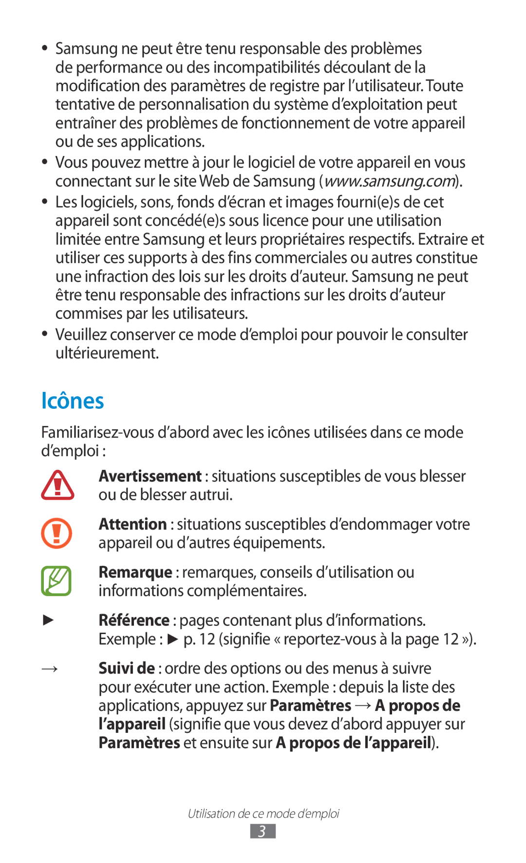 Samsung GT-P7510FKDXEF, GT-P7510UWDXEF, GT-P7510UWDFTM, GT-P7510UWAXEF Icônes, Référence pages contenant plus d’informations 