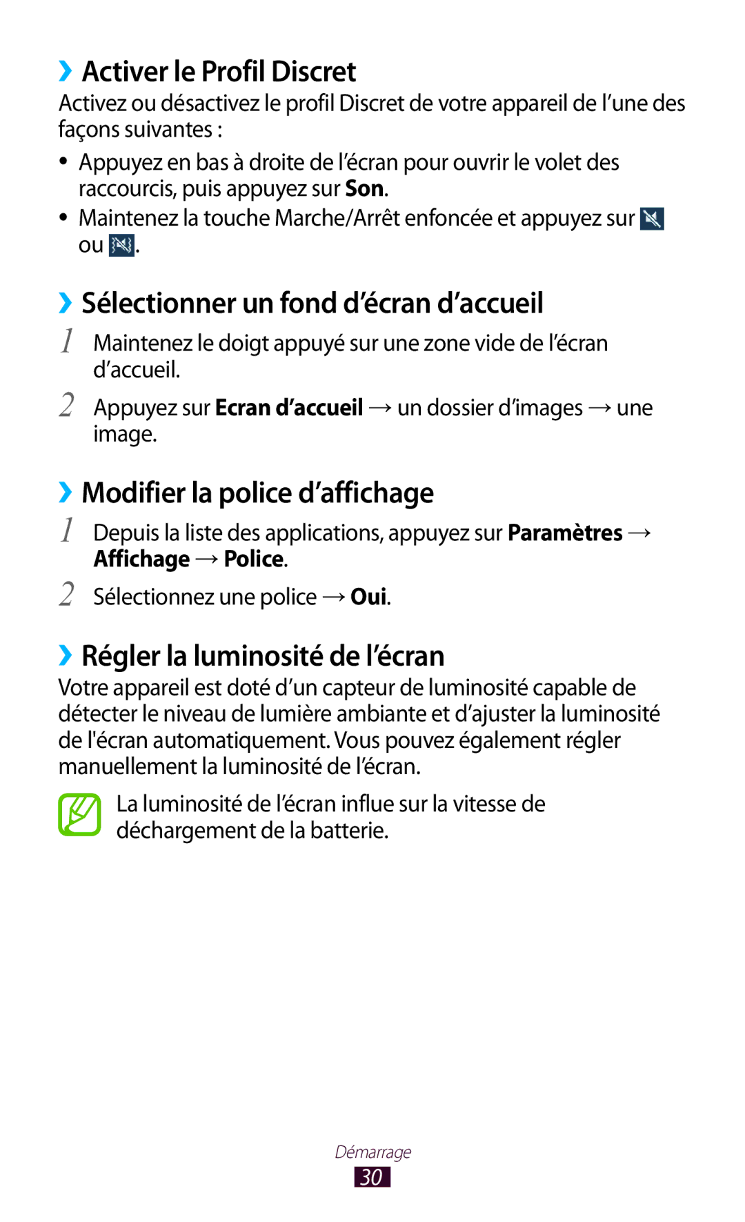 Samsung GT-P7510FKAXEF manual ››Activer le Profil Discret, ››Sélectionner un fond d’écran d’accueil, Affichage → Police 